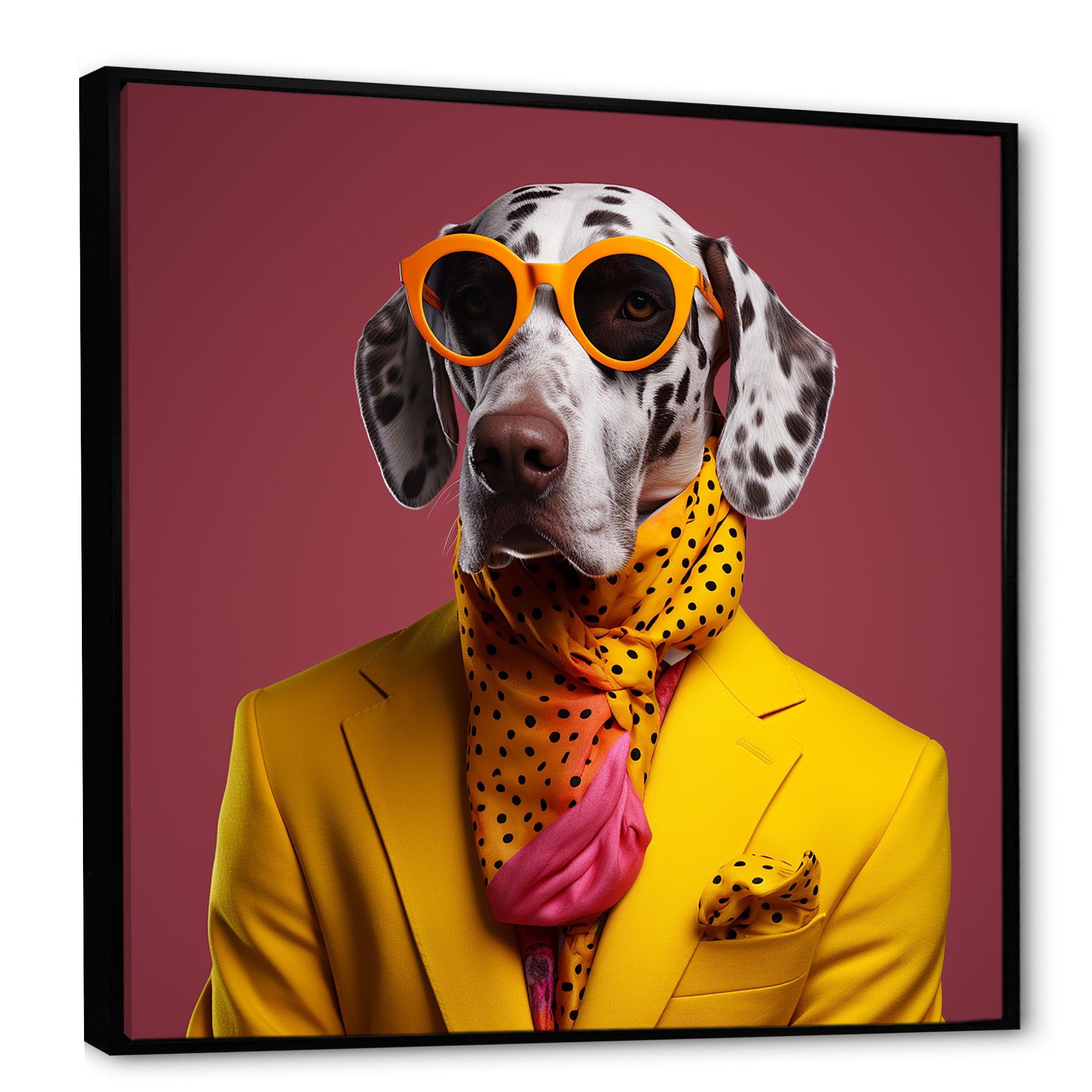 Yellow and orange Fashion first suited dog - Dog Framed Canvas Art