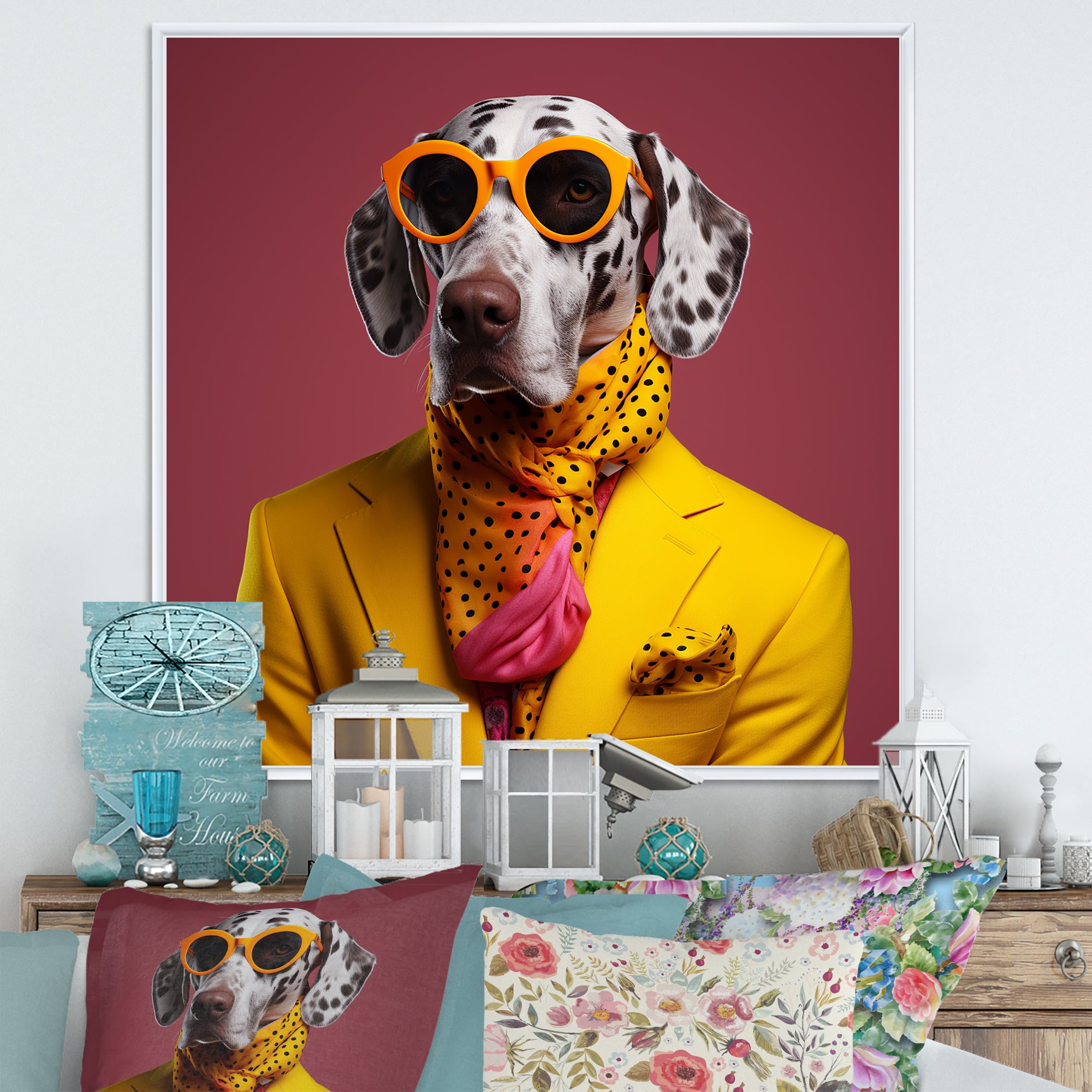 Yellow and orange Fashion first suited dog - Dog Framed Canvas Art