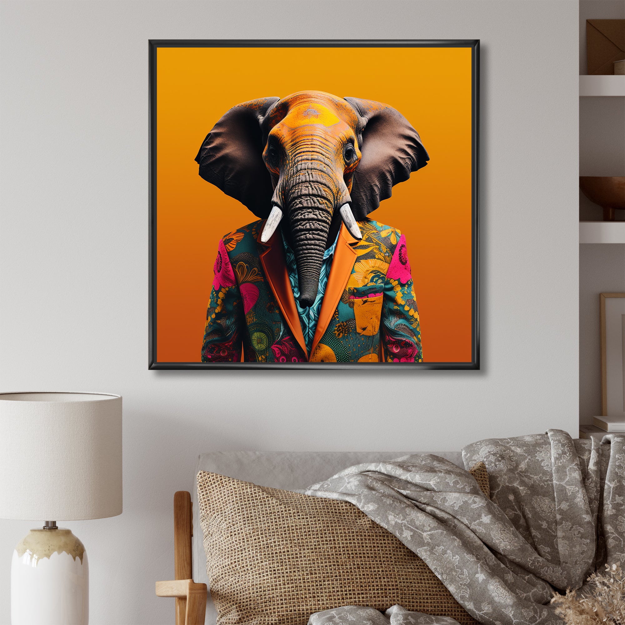 Elephant suited up Yellow and pink - Elephant Large Canvas Wall Art