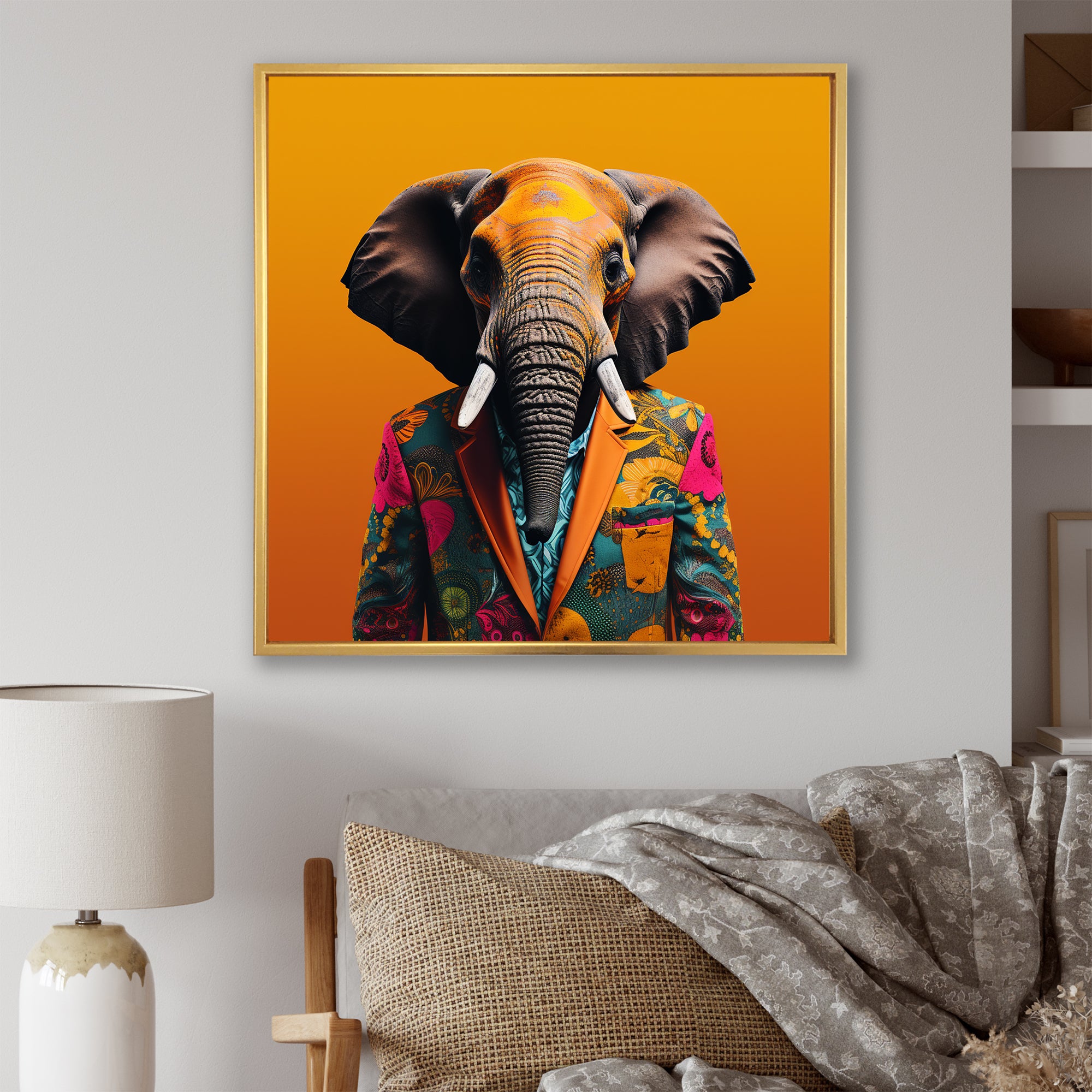 Elephant suited up Yellow and pink - Elephant Large Canvas Wall Art