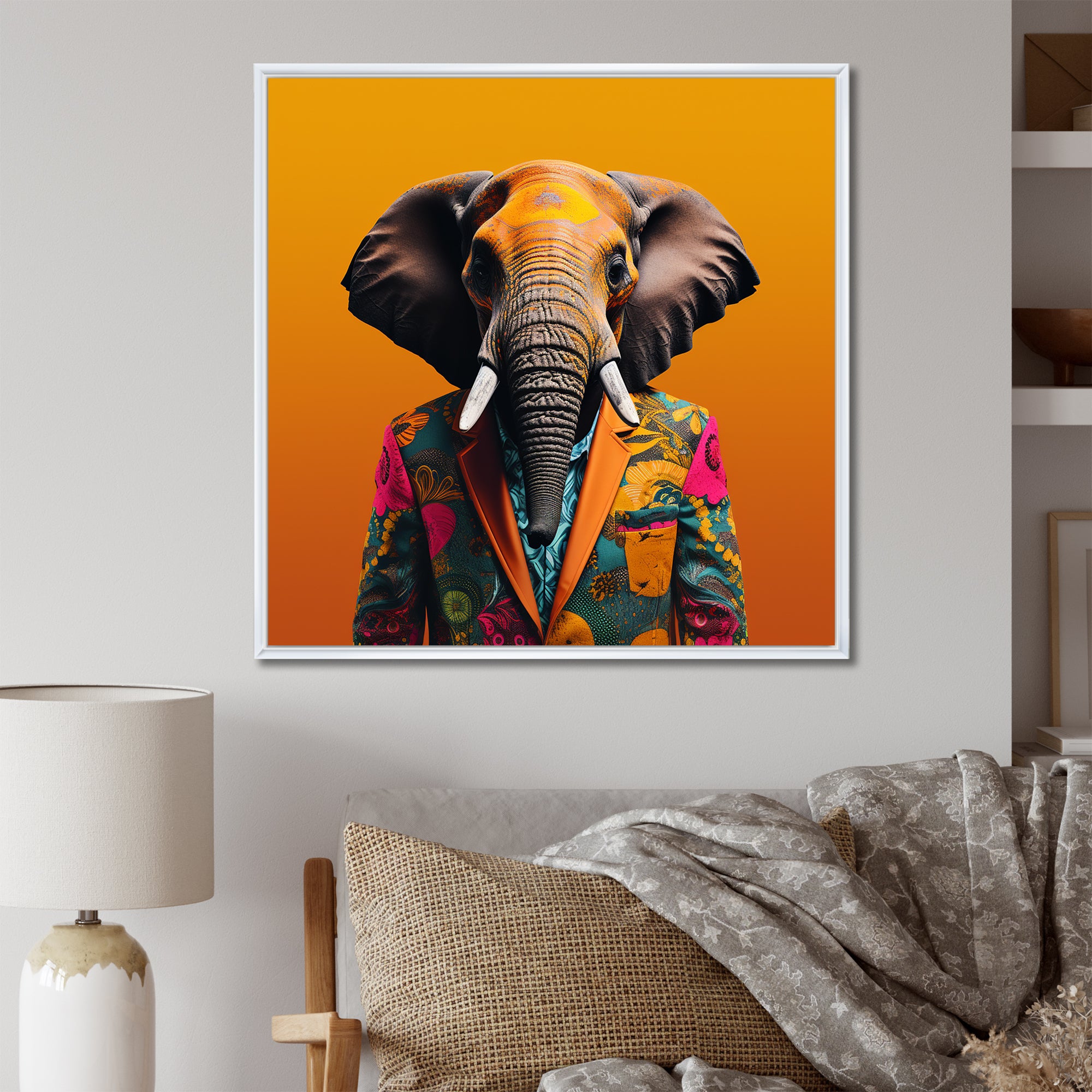 Elephant suited up Yellow and pink - Elephant Large Canvas Wall Art