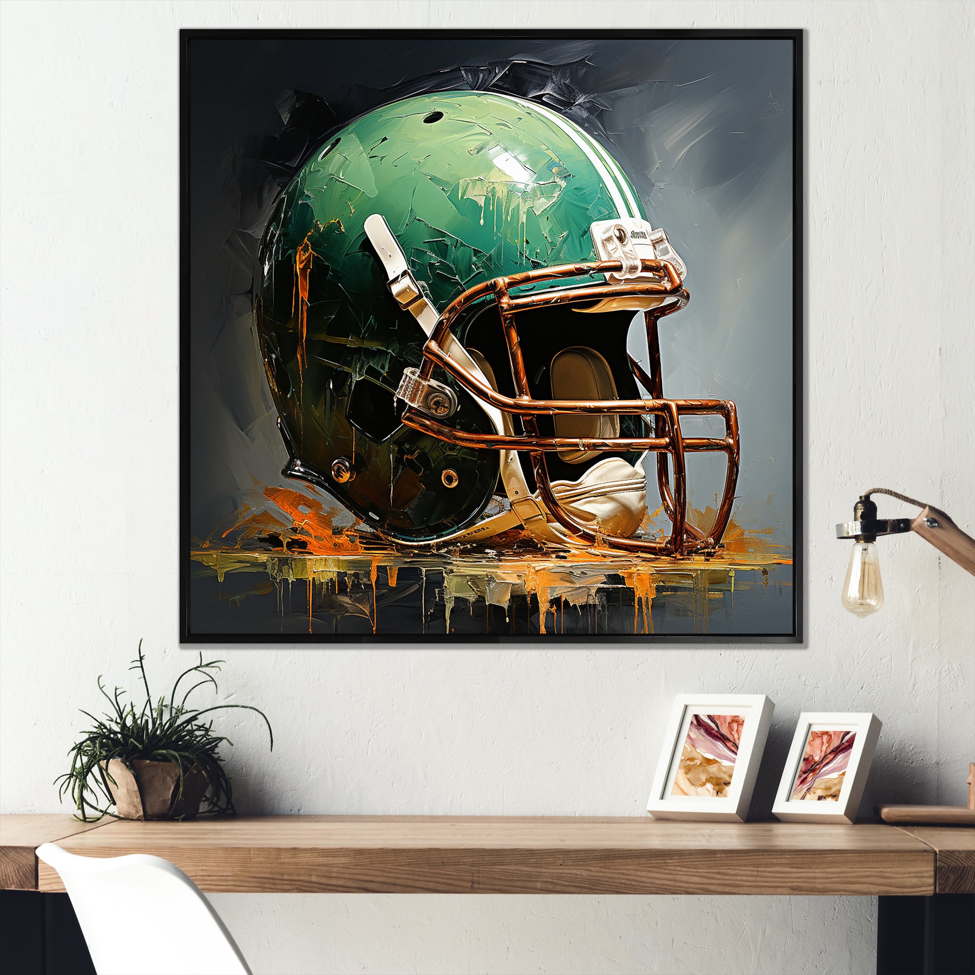 Green And Black American Football Helmet - Sport Football Canvas Wall Art