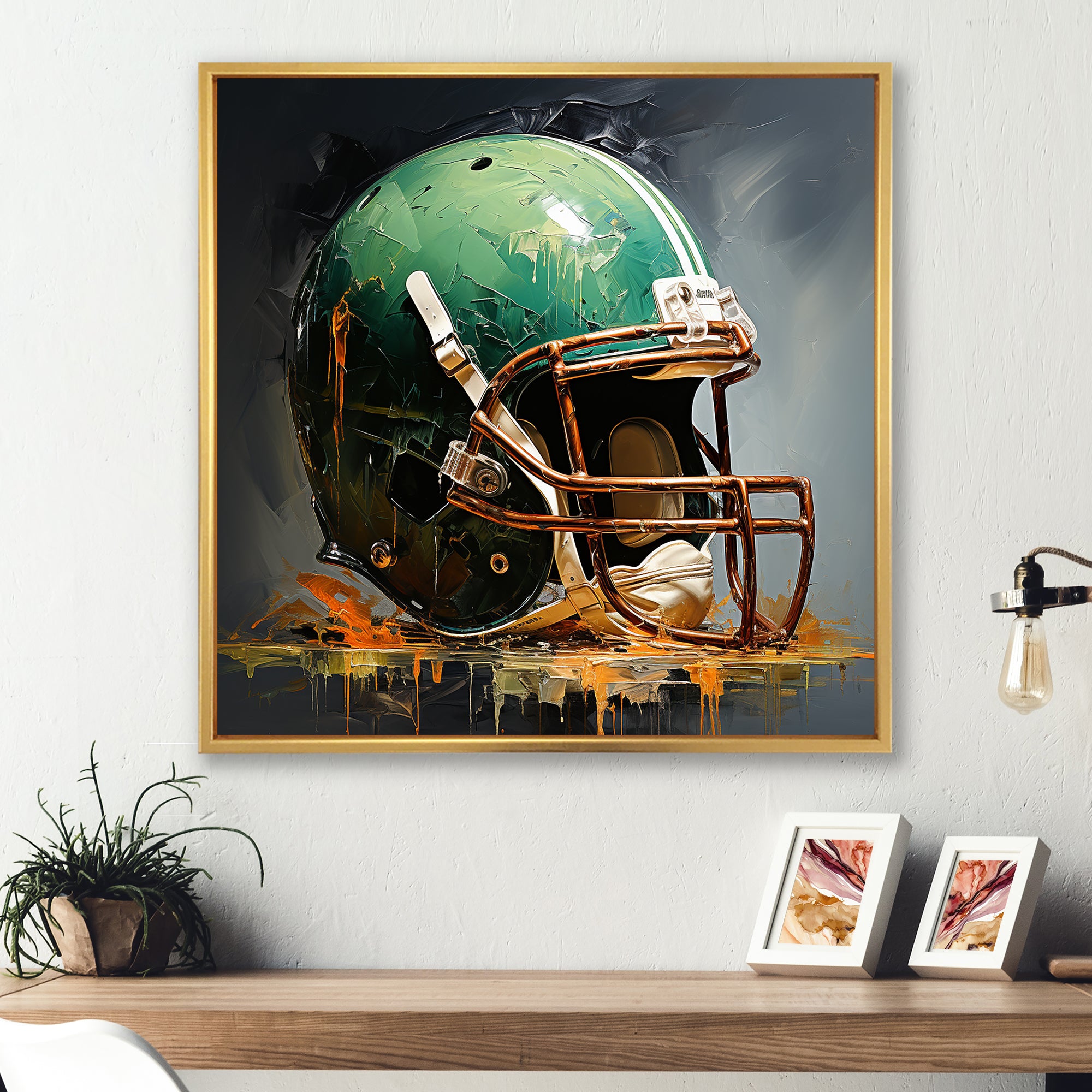 Green And Black American Football Helmet - Sport Football Canvas Wall Art