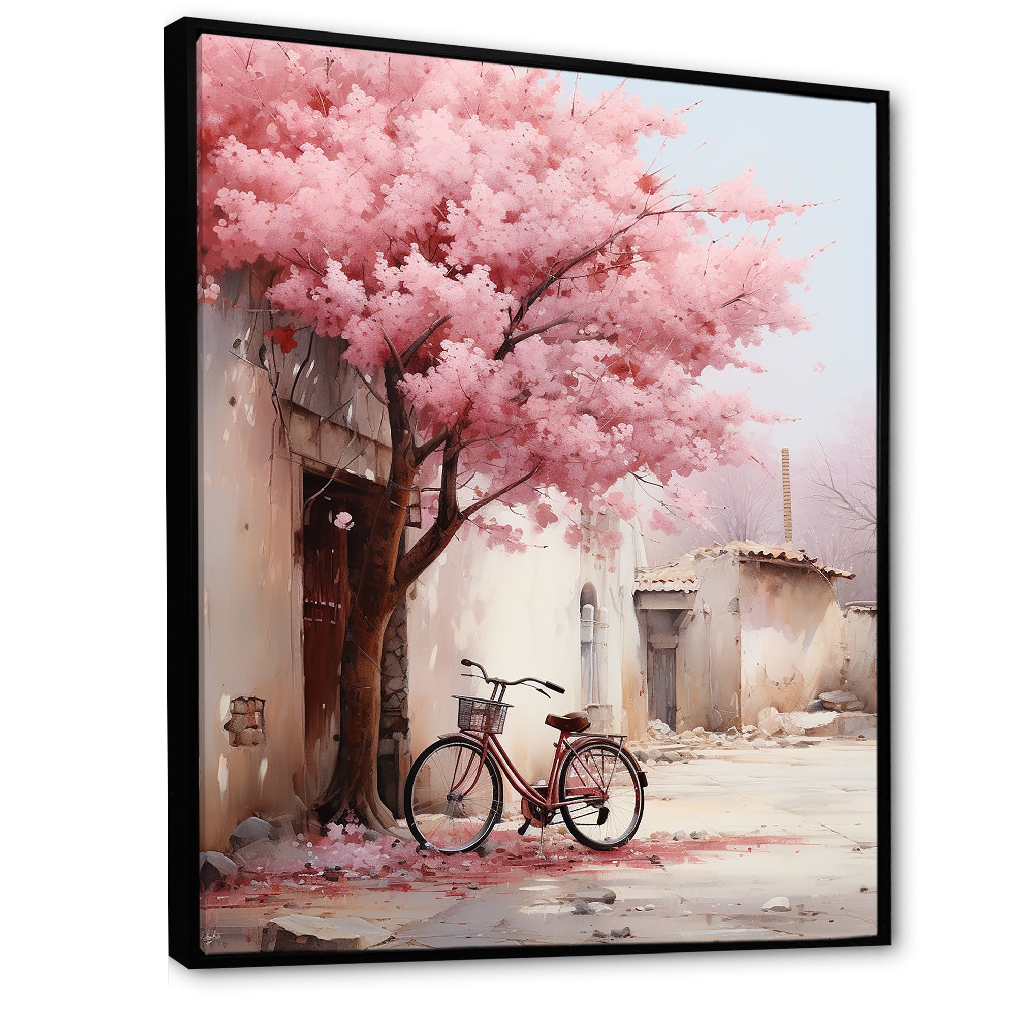 Pink and white springtime florals bicycle I - Bicycle Canvas Wall Art