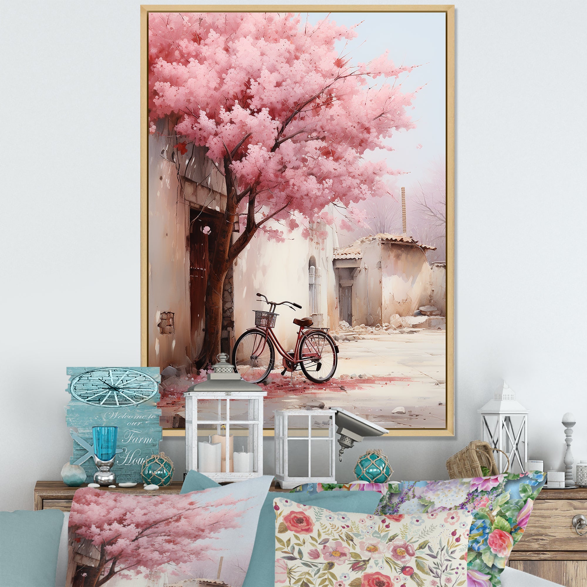 Pink and white springtime florals bicycle I - Bicycle Canvas Wall Art