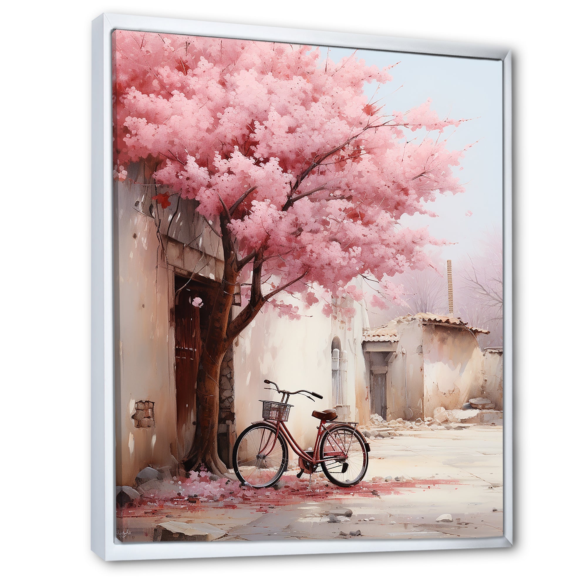 Pink and white springtime florals bicycle I - Bicycle Canvas Wall Art