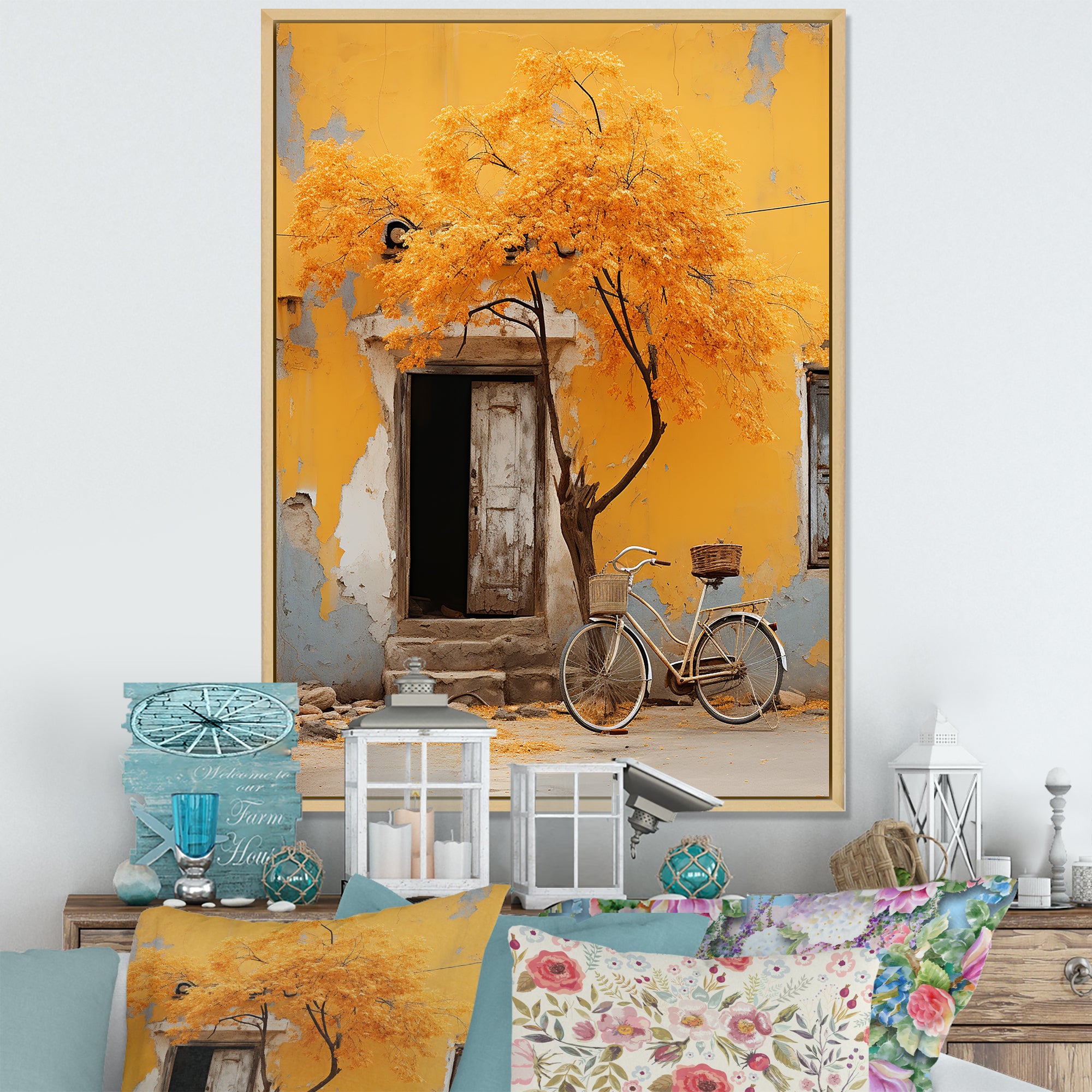 Yellow springtime florals bicycle I - Bicycle Canvas Wall Art