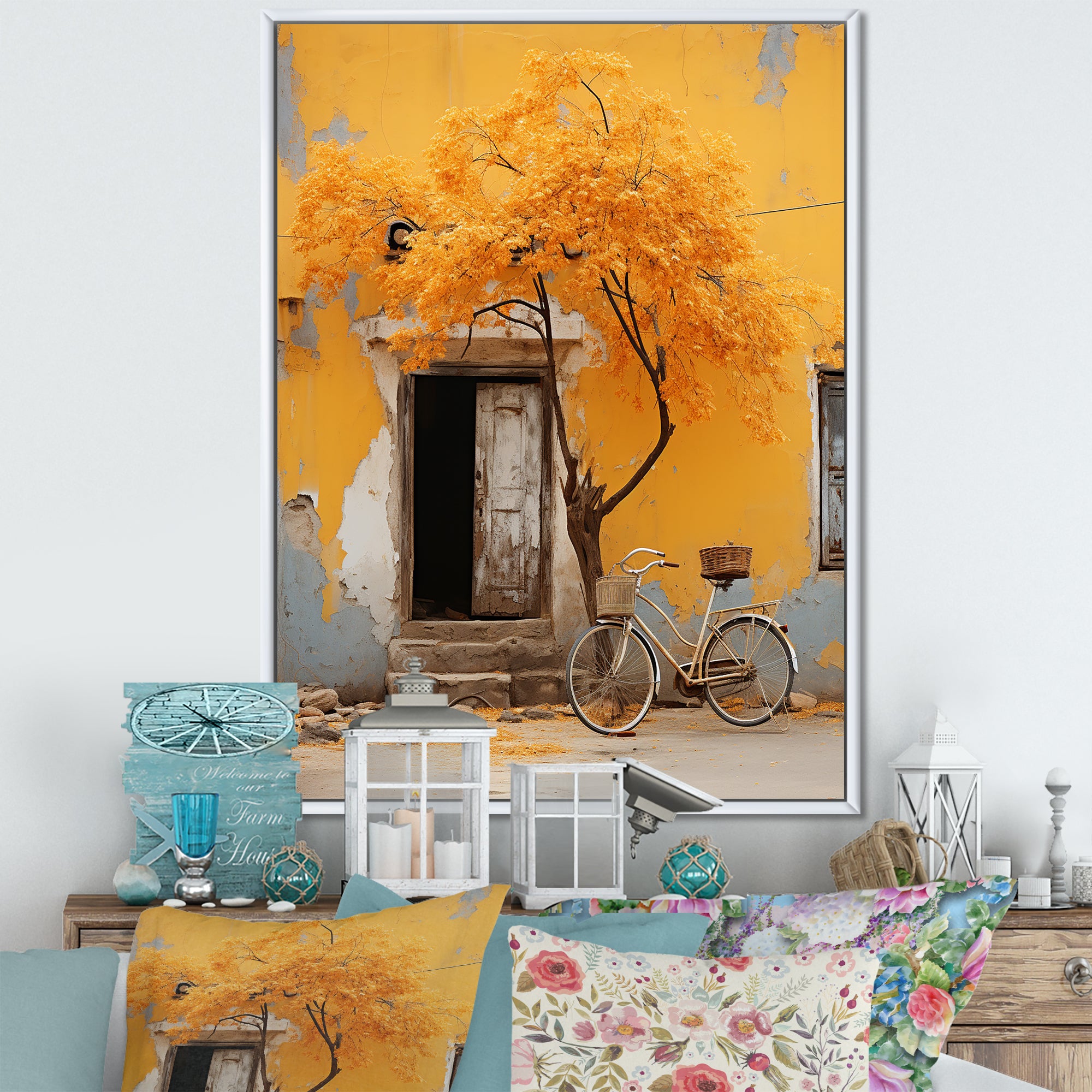 Yellow springtime florals bicycle I - Bicycle Canvas Wall Art