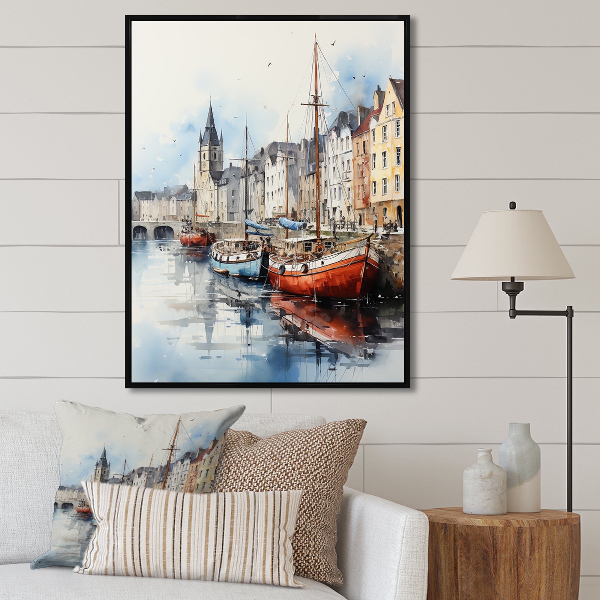 Red and grey Fishing Boat at port I - Boat Fishing Canvas Wall Art