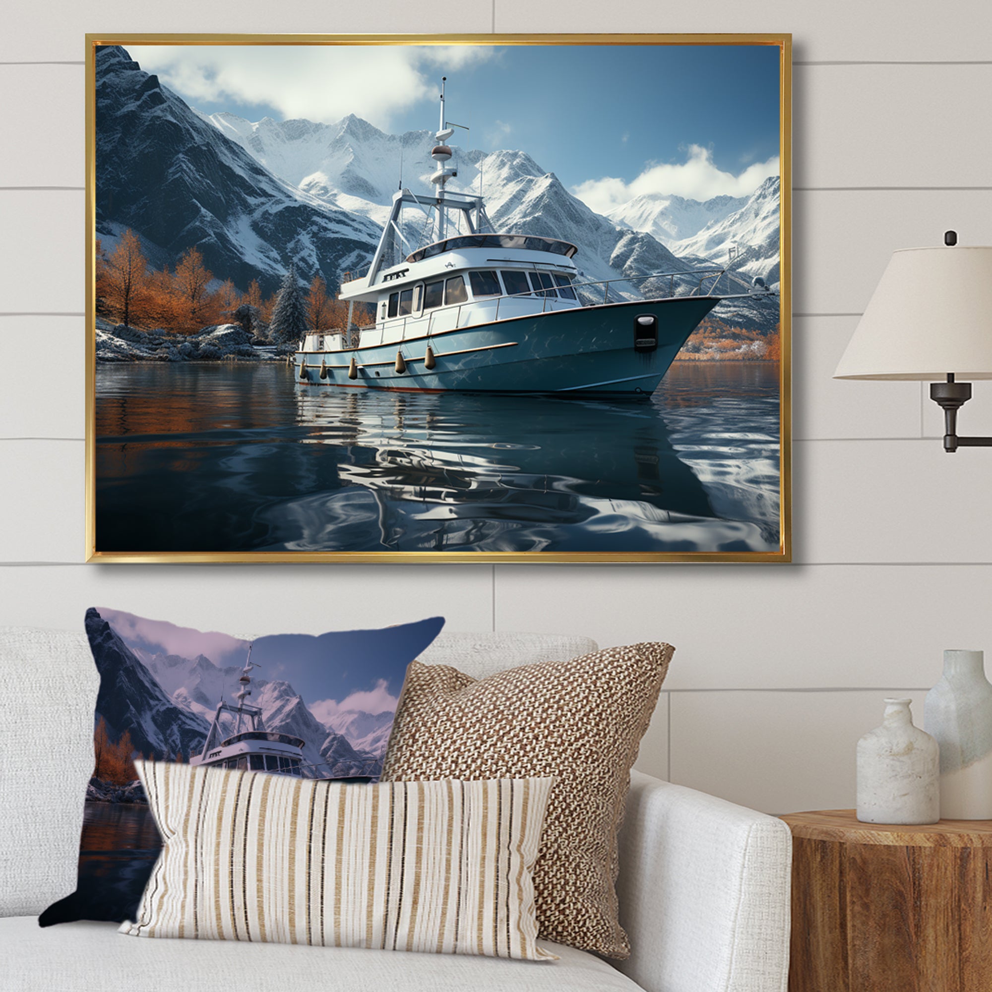 Red and white Fishing Boat in river I - Boat Fishing Canvas Wall Art