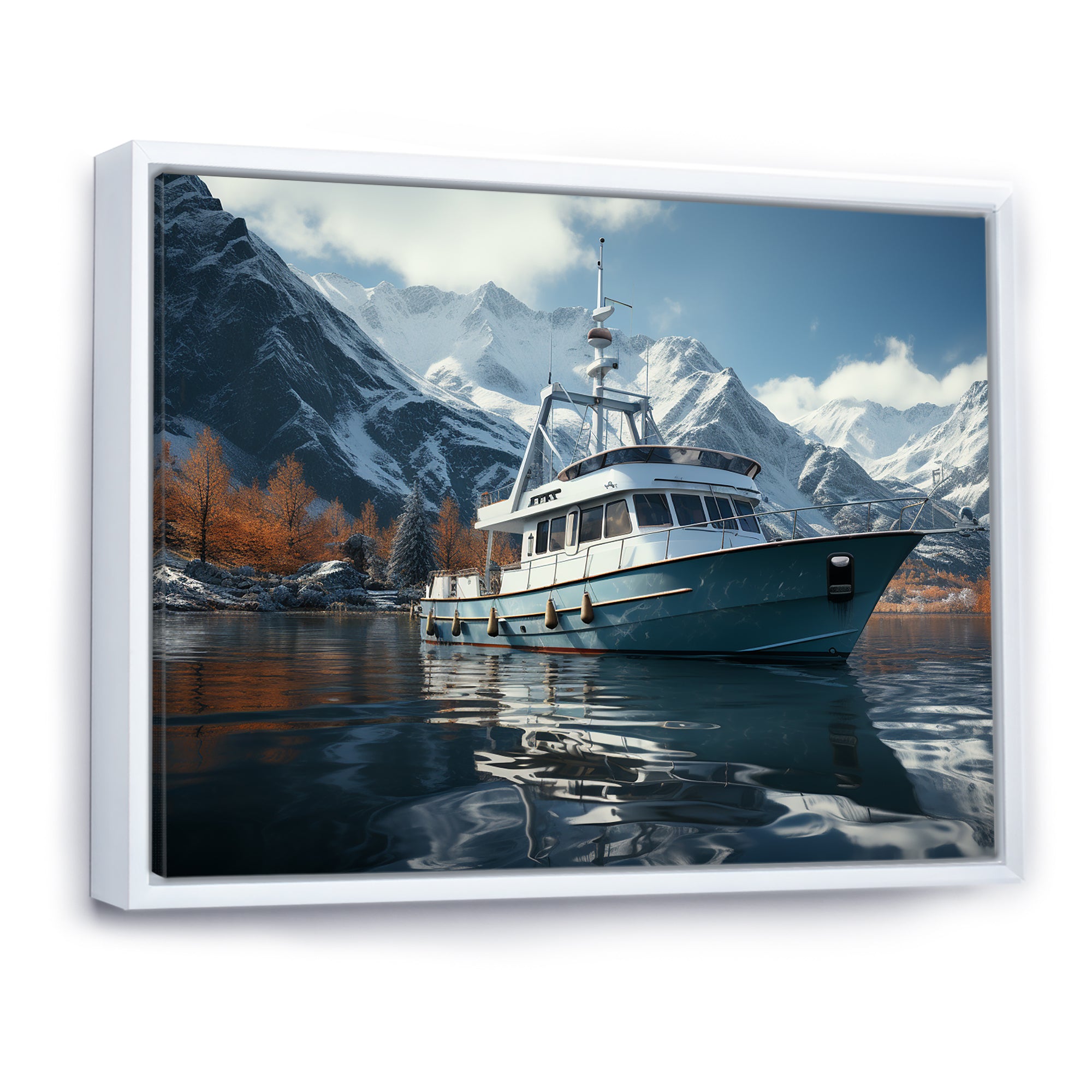 Red and white Fishing Boat in river I - Boat Fishing Canvas Wall Art