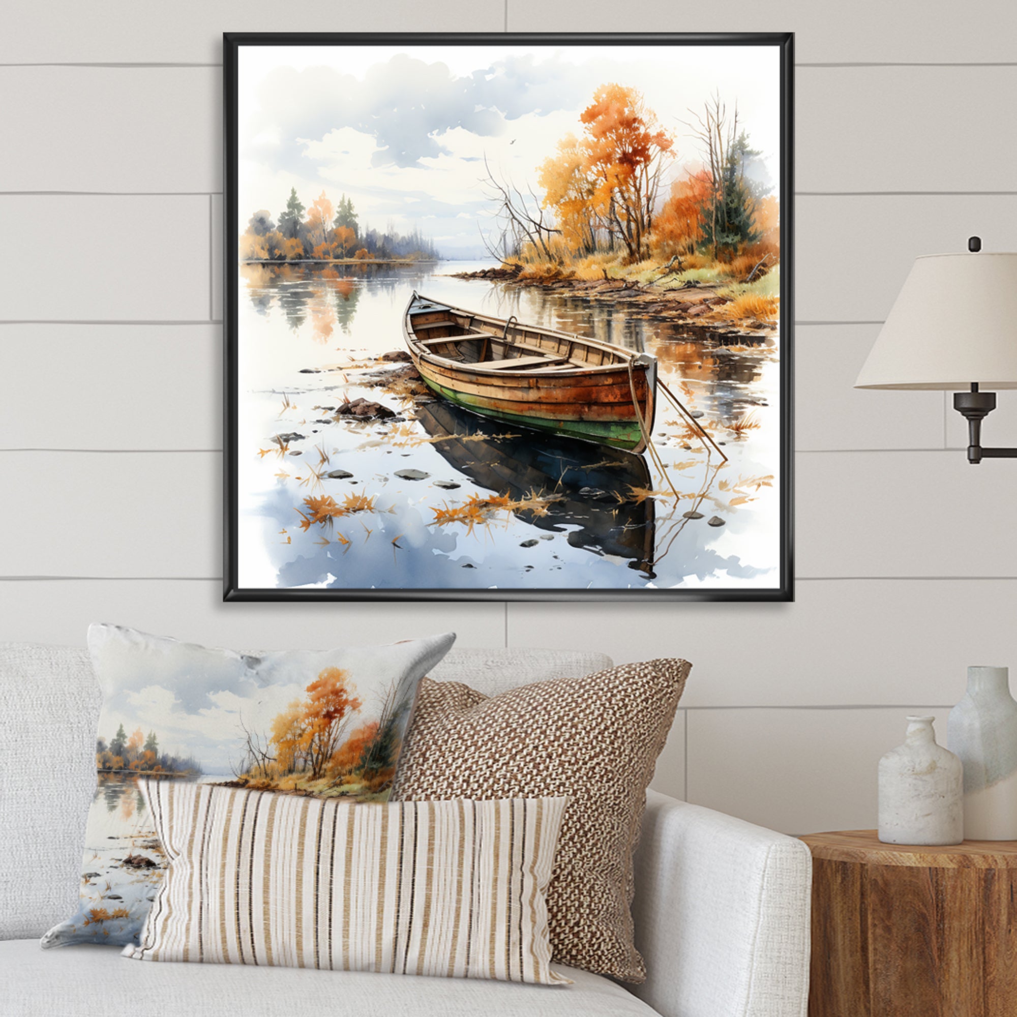 Autumn Tranquility canoe by the lake I - Boat Fishing Canvas Wall Art