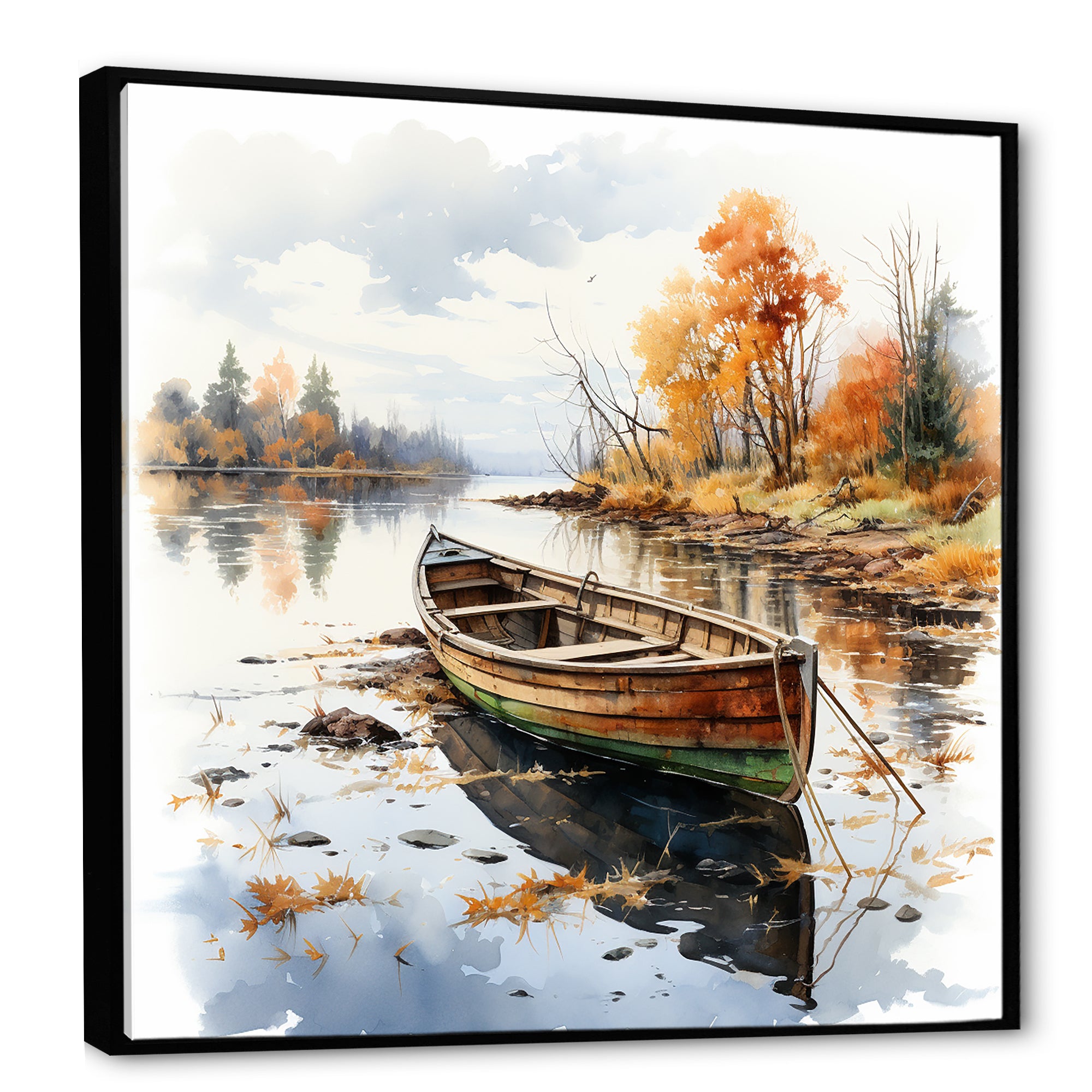 Autumn Tranquility canoe by the lake I - Boat Fishing Canvas Wall Art