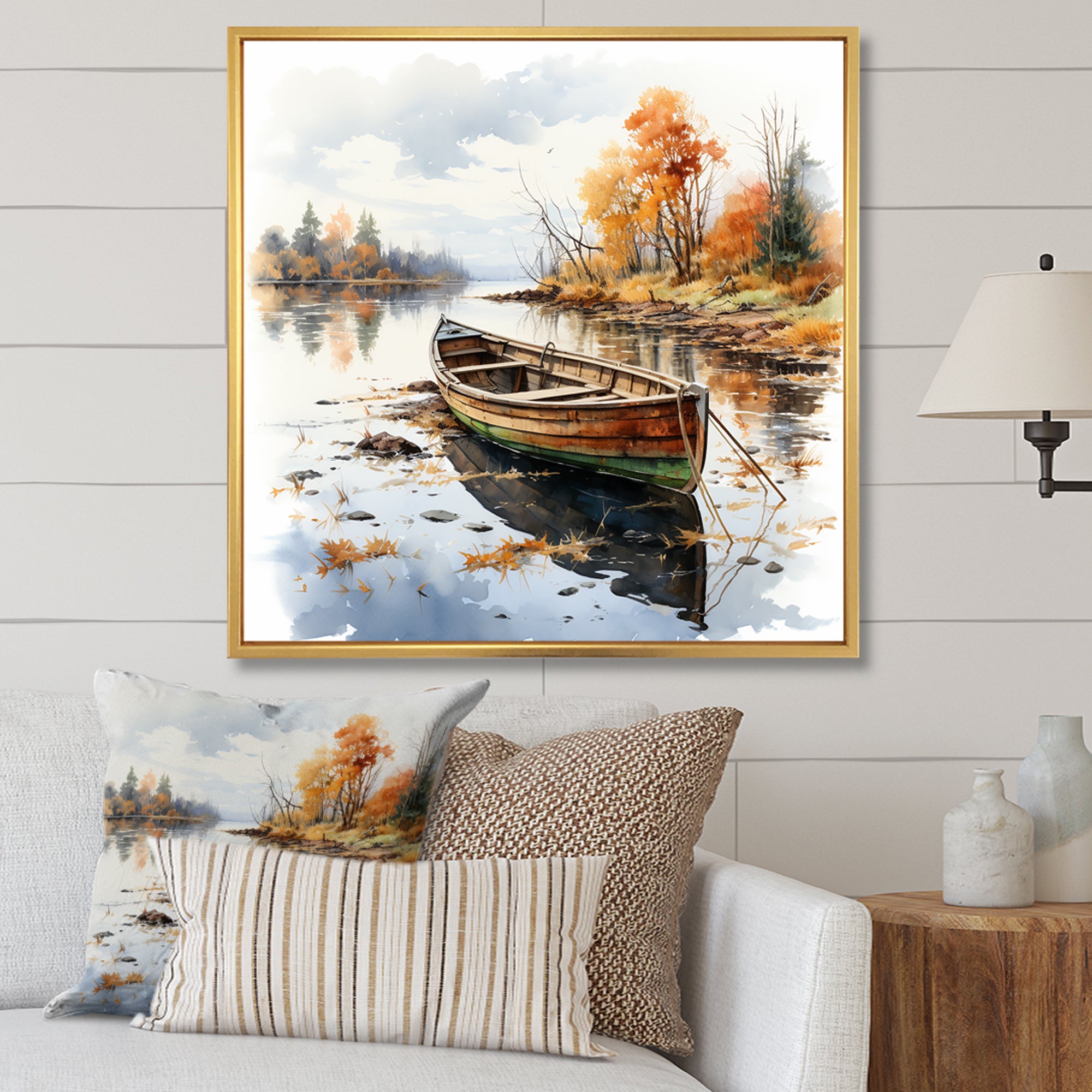 Autumn Tranquility canoe by the lake I - Boat Fishing Canvas Wall Art