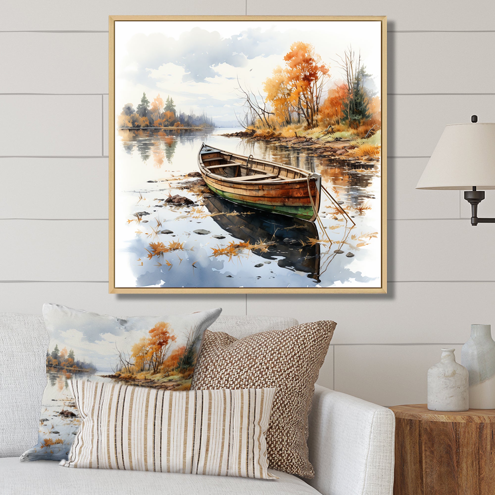 Autumn Tranquility canoe by the lake I - Boat Fishing Canvas Wall Art