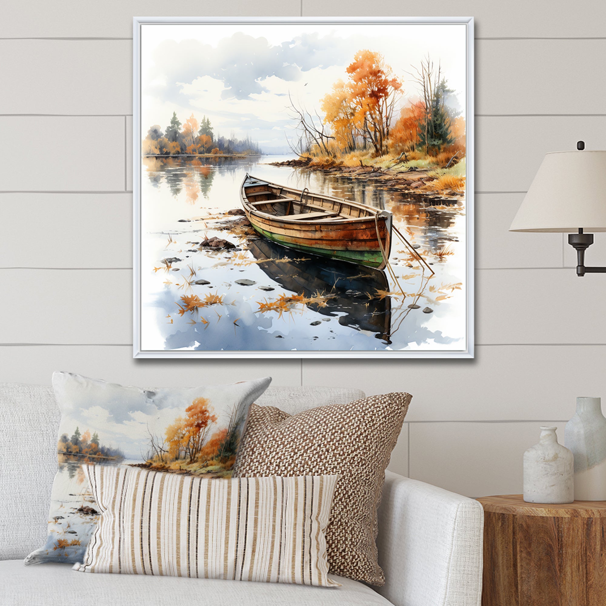 Autumn Tranquility canoe by the lake I - Boat Fishing Canvas Wall Art