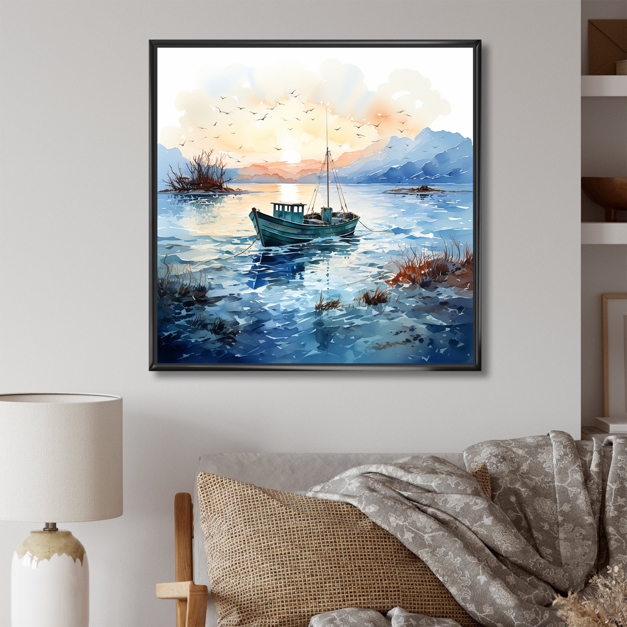 Blue and orange Autumn Fishing Boat - Boat Fishing Canvas Wall Art