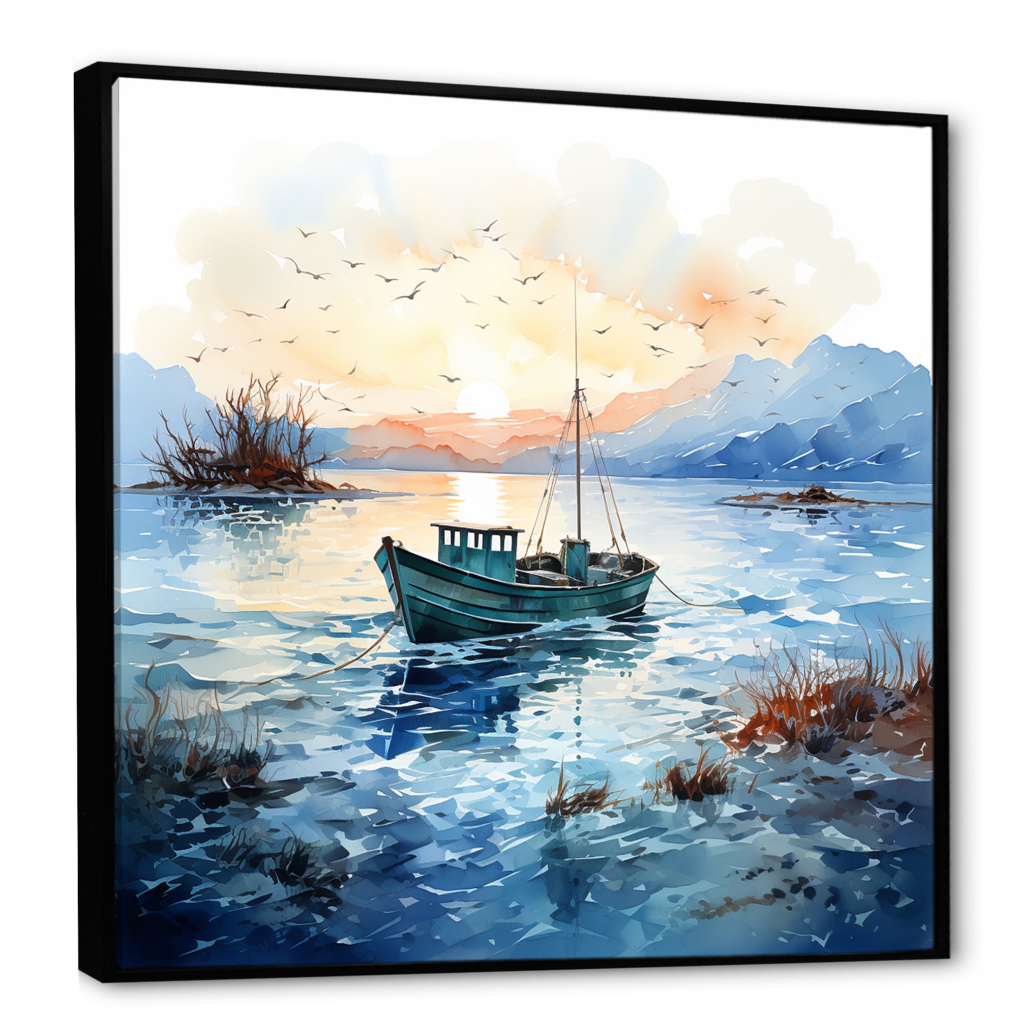 Blue and orange Autumn Fishing Boat - Boat Fishing Canvas Wall Art