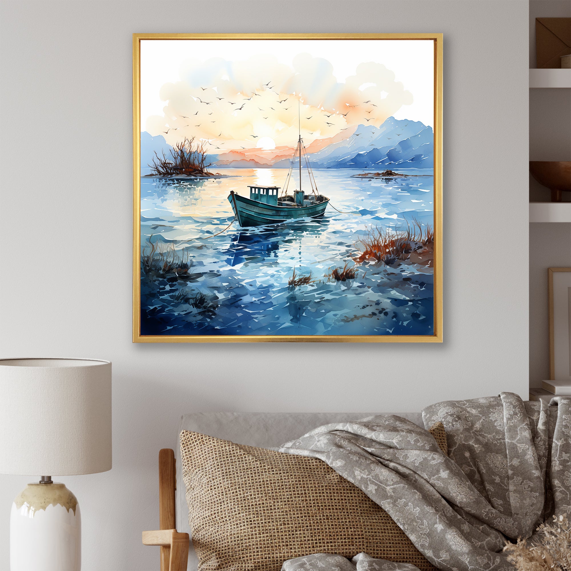 Blue and orange Autumn Fishing Boat - Boat Fishing Canvas Wall Art