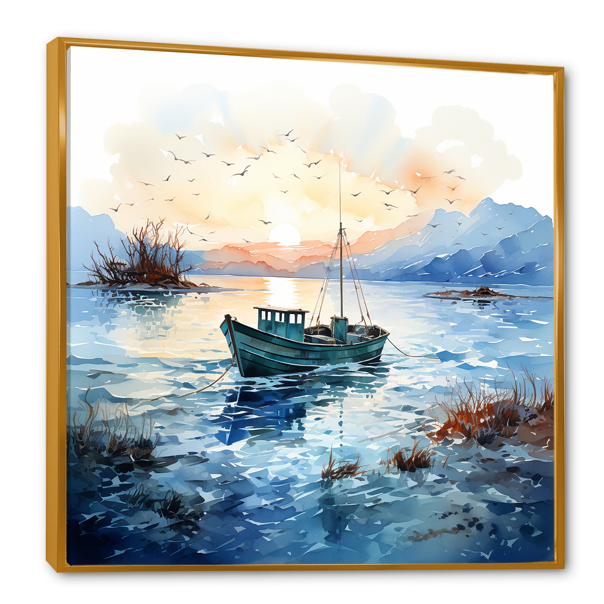 Blue and orange Autumn Fishing Boat - Boat Fishing Canvas Wall Art