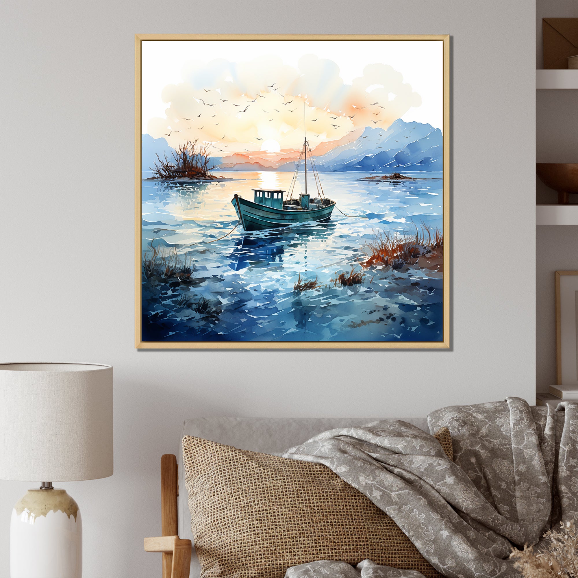 Blue and orange Autumn Fishing Boat - Boat Fishing Canvas Wall Art