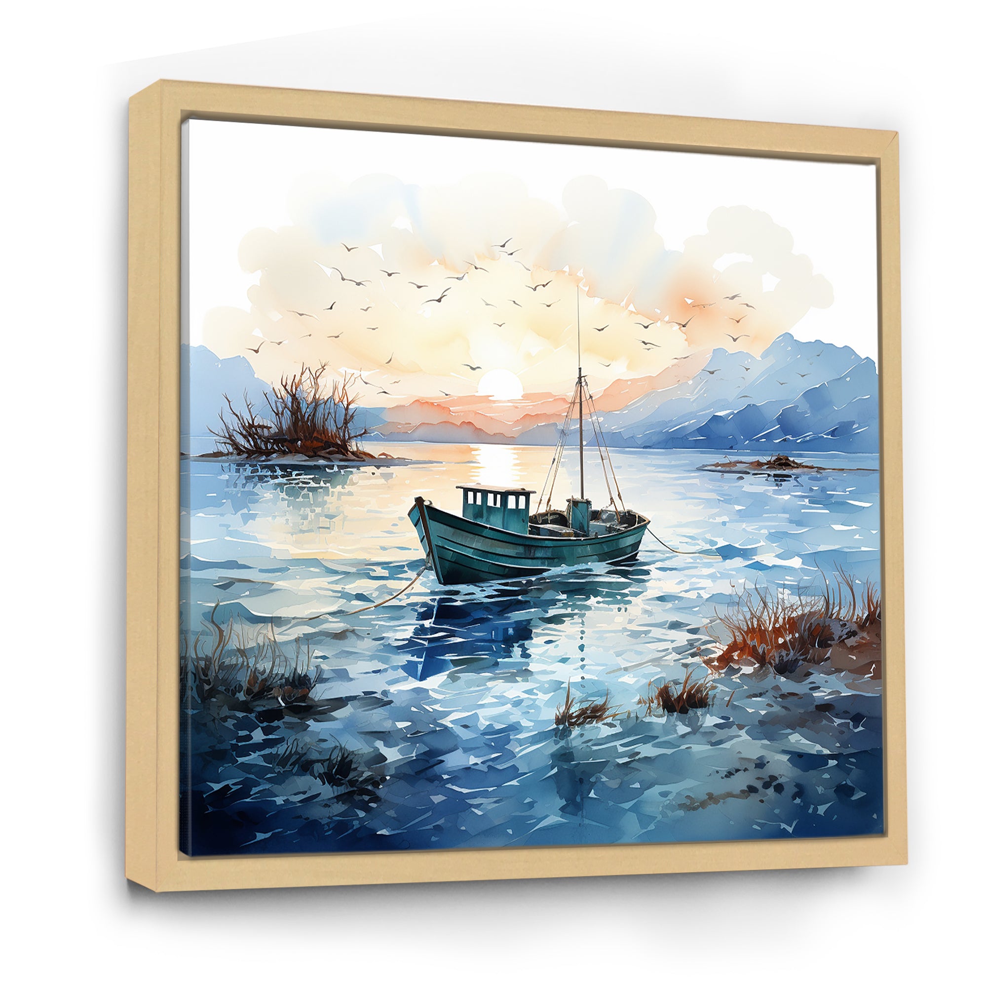 Blue and orange Autumn Fishing Boat - Boat Fishing Canvas Wall Art