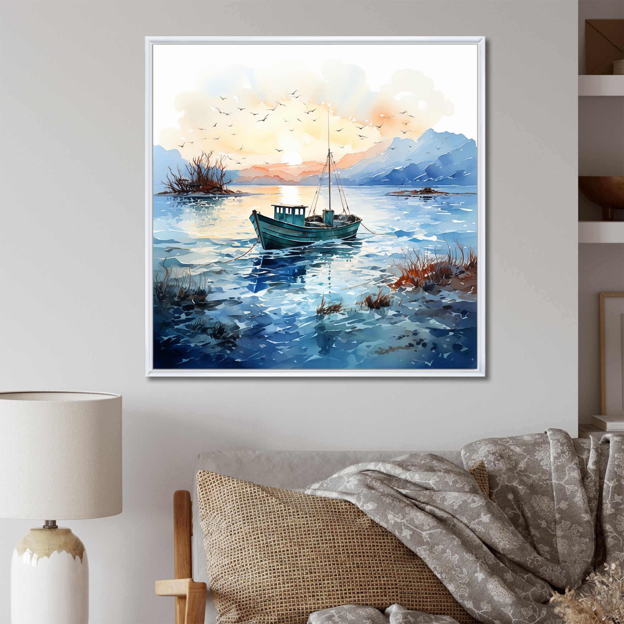 Blue and orange Autumn Fishing Boat - Boat Fishing Canvas Wall Art