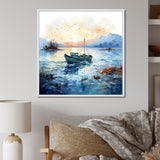 Blue and orange Autumn Fishing Boat - Boat Fishing Canvas Wall Art