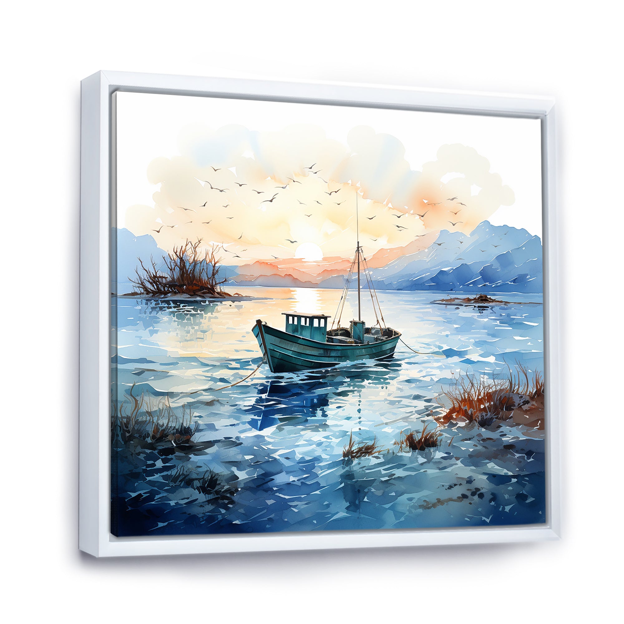 Blue and orange Autumn Fishing Boat - Boat Fishing Canvas Wall Art