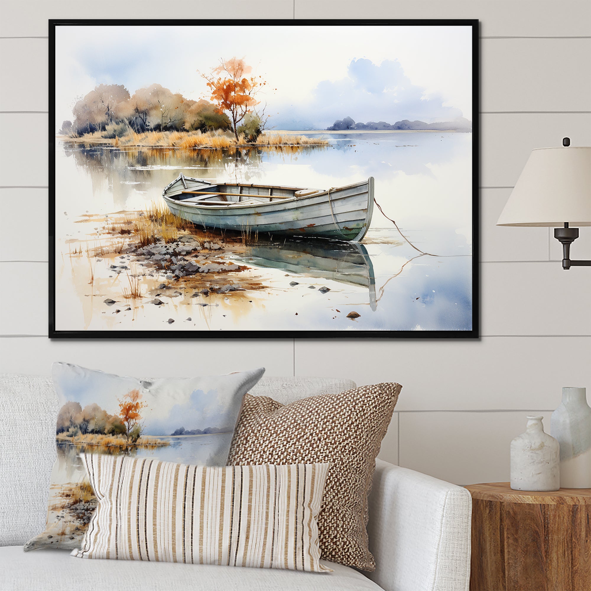 Blue and orange Autumn Tranquility Fishing Boat - Boat Fishing Canvas Wall Art