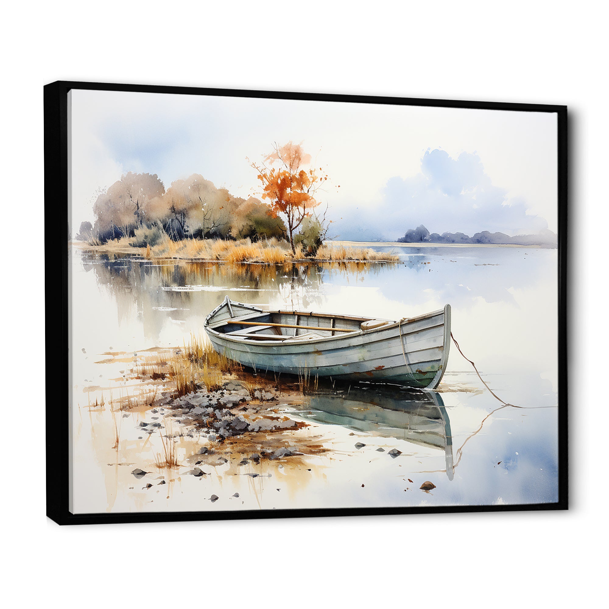 Blue and orange Autumn Tranquility Fishing Boat - Boat Fishing Canvas Wall Art