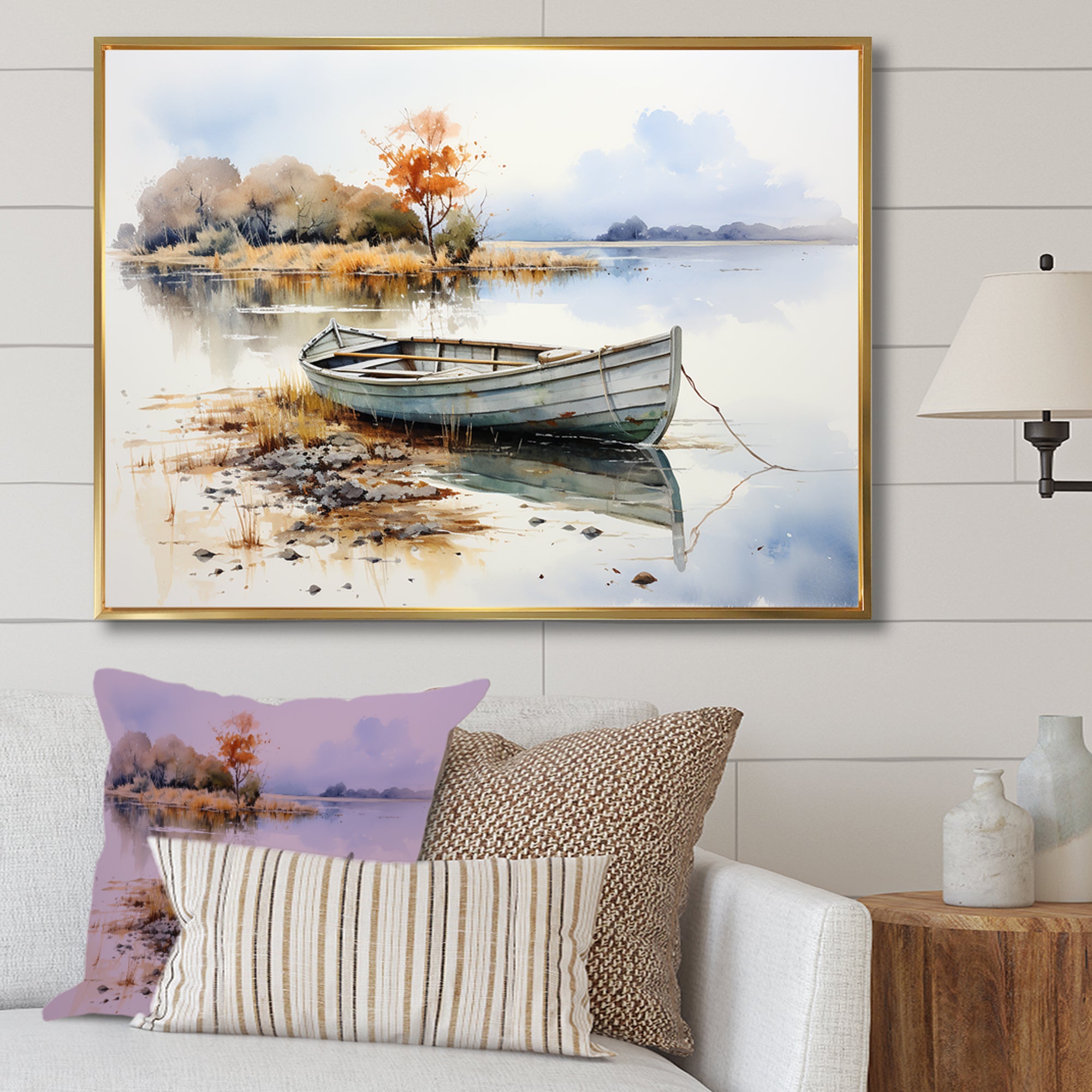 Blue and orange Autumn Tranquility Fishing Boat - Boat Fishing Canvas Wall Art