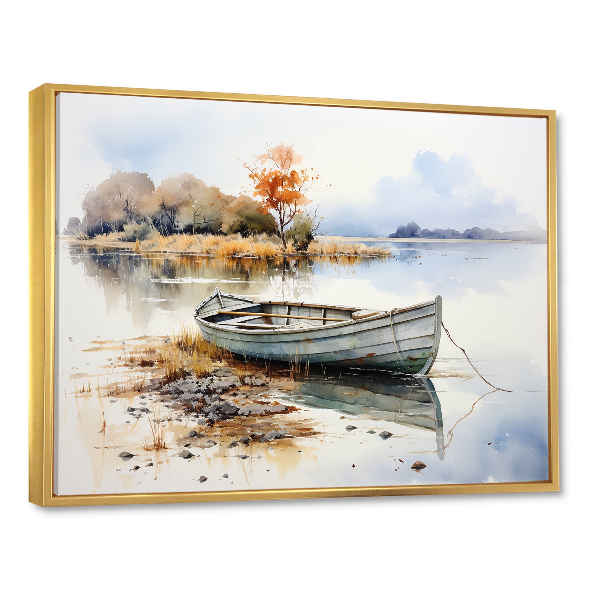 Blue and orange Autumn Tranquility Fishing Boat - Boat Fishing Canvas Wall Art