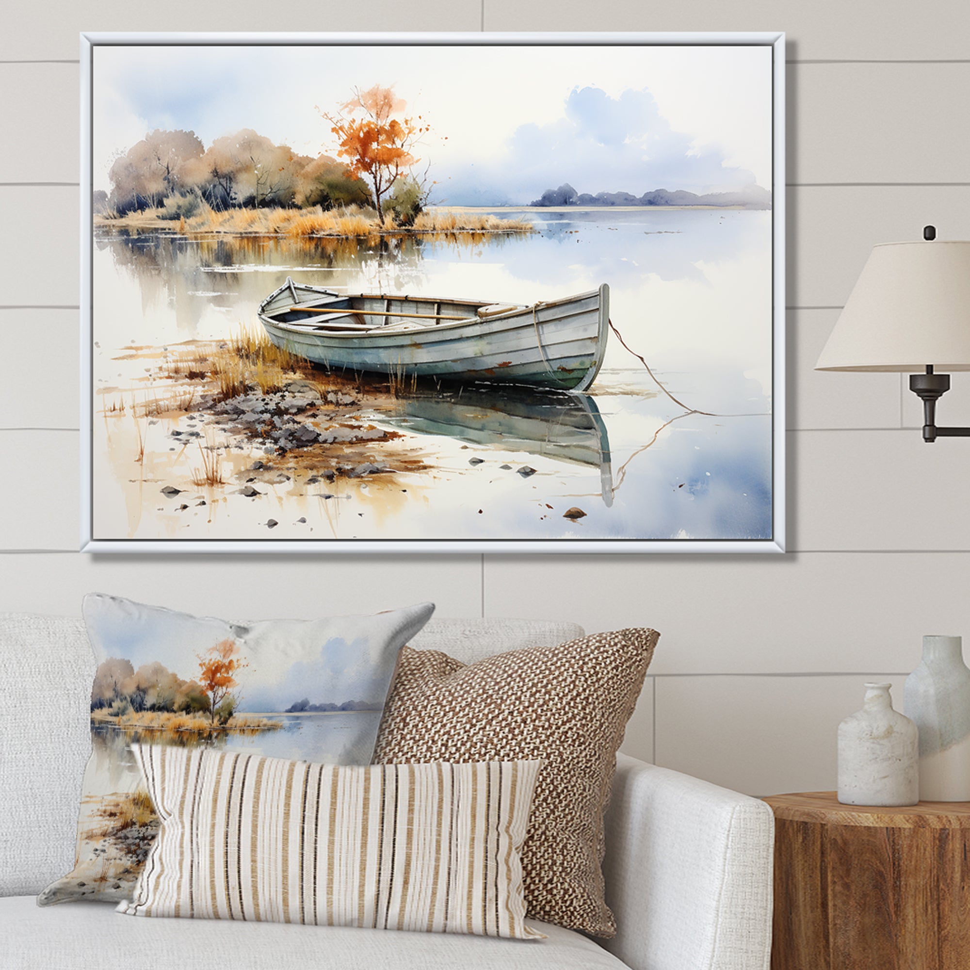 Blue and orange Autumn Tranquility Fishing Boat - Boat Fishing Canvas Wall Art