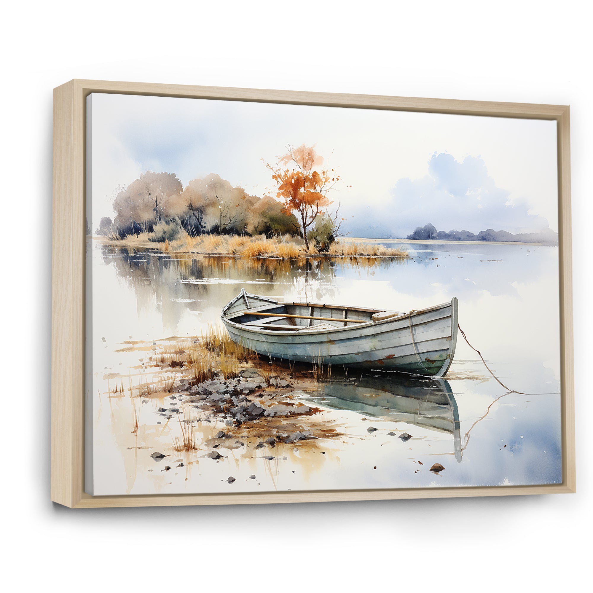 Blue and orange Autumn Tranquility Fishing Boat - Boat Fishing Canvas Wall Art