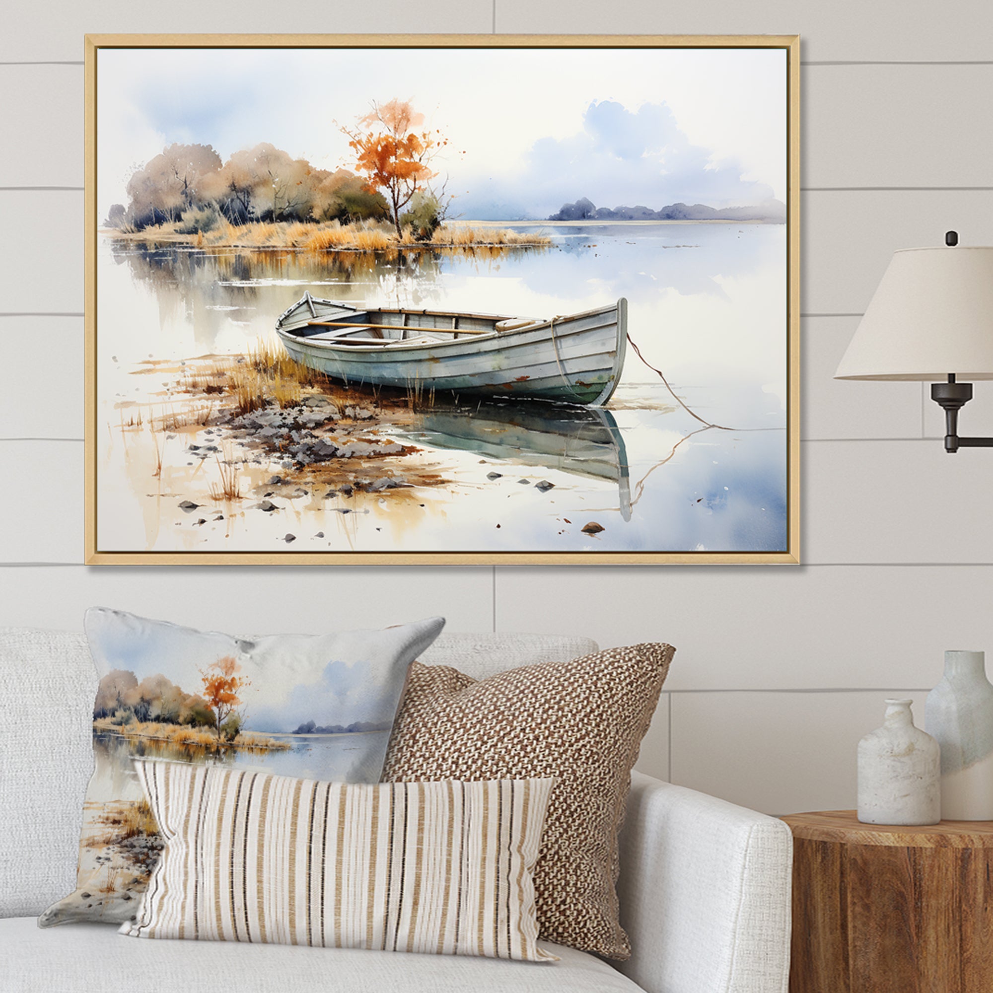 Blue and orange Autumn Tranquility Fishing Boat - Boat Fishing Canvas Wall Art