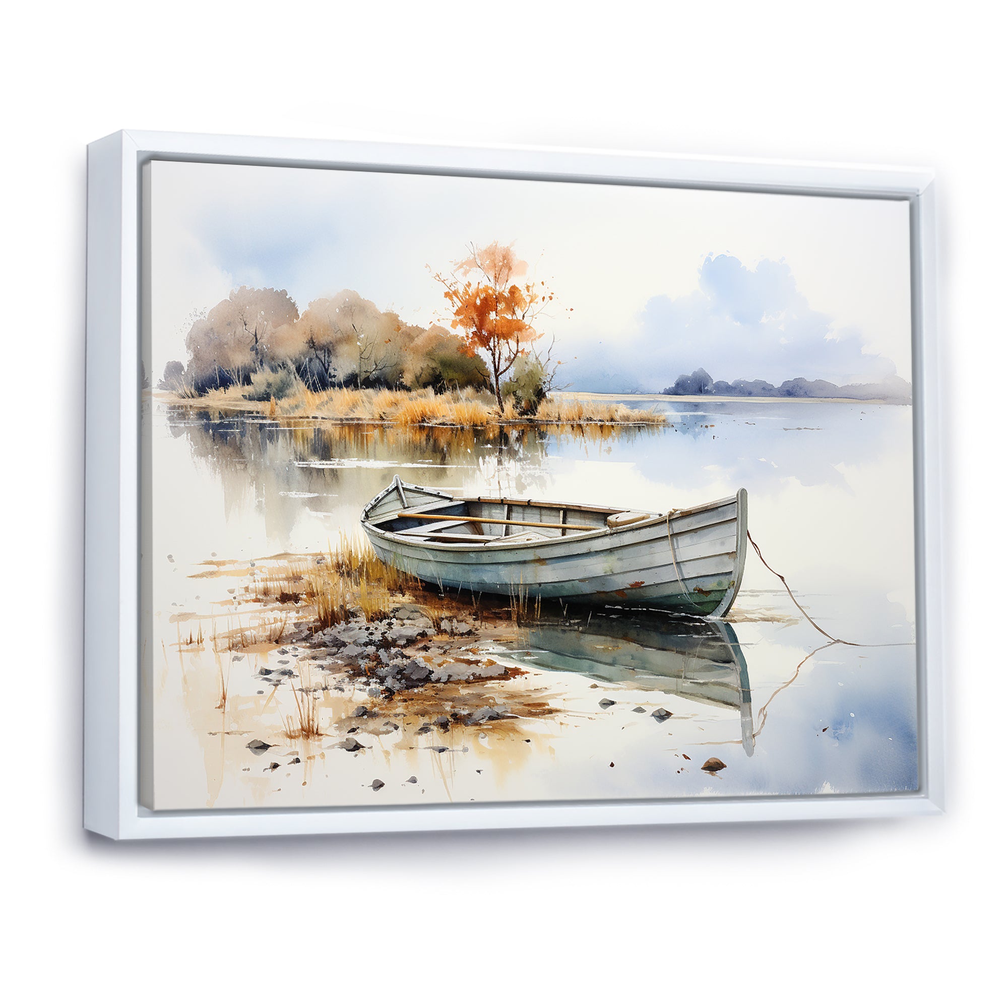 Blue and orange Autumn Tranquility Fishing Boat - Boat Fishing Canvas Wall Art