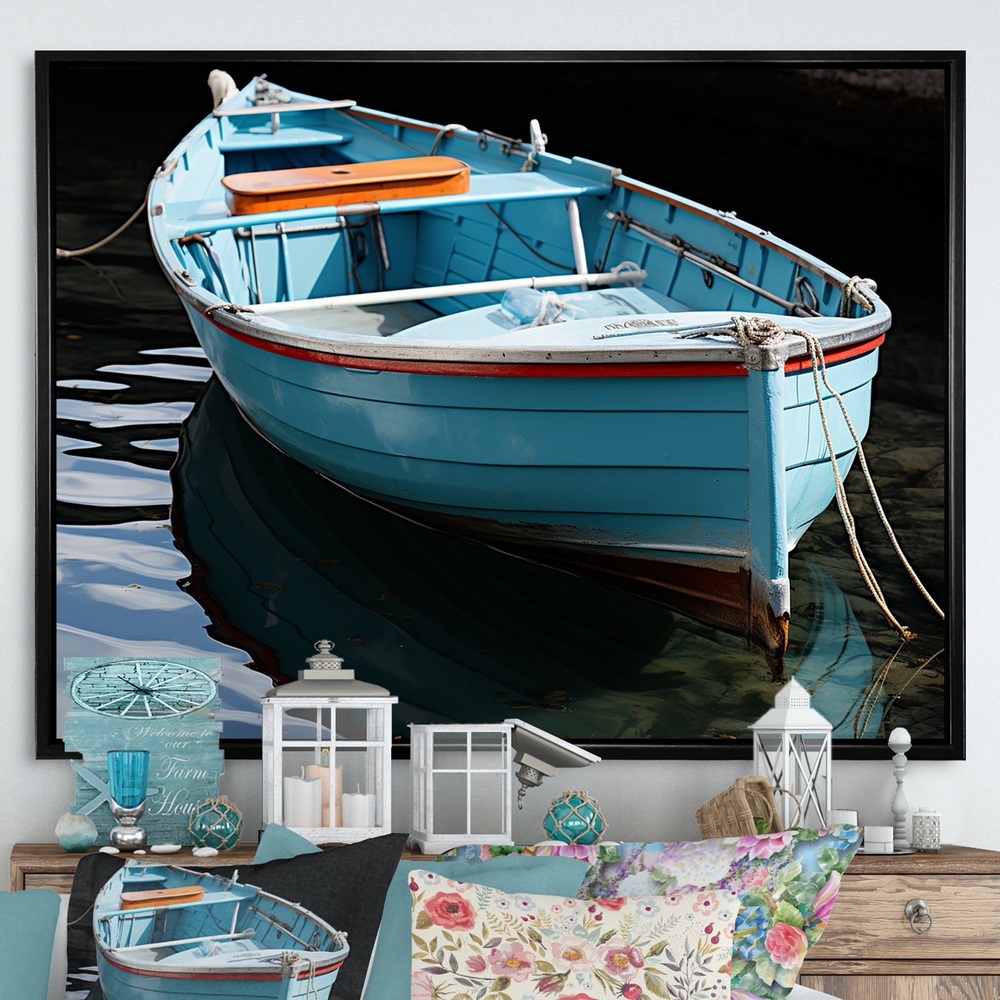 Blue and red Fishing boat expedition - Boat Fishing Canvas Wall Art
