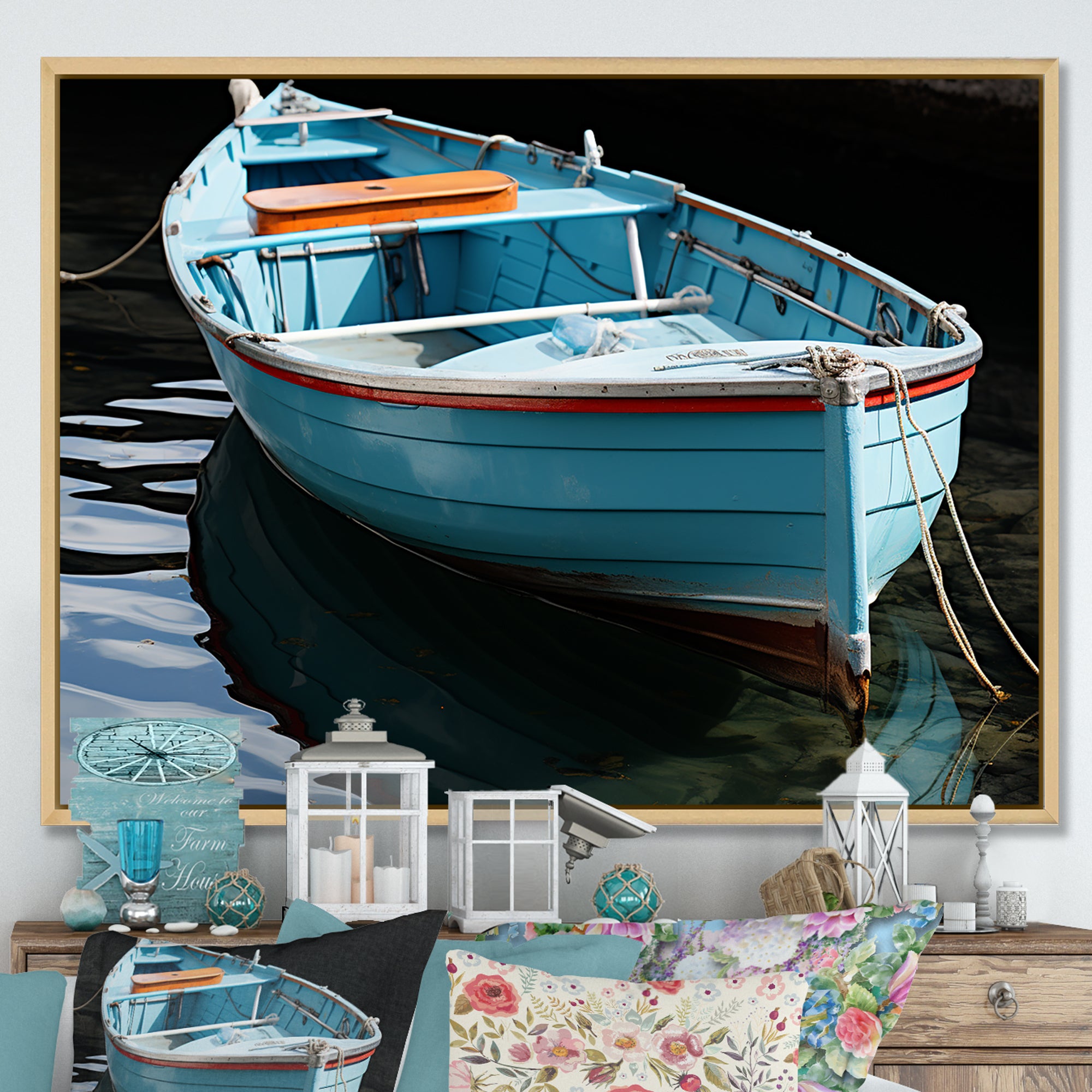 Blue and red Fishing boat expedition - Boat Fishing Canvas Wall Art