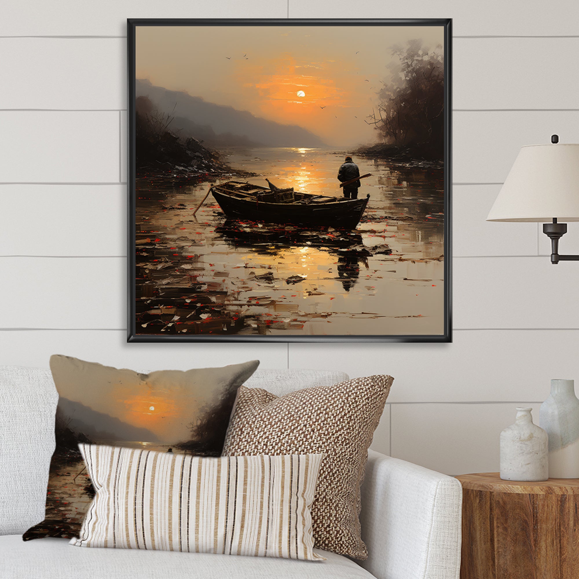 Orange and brown Moonlit Fishing by the lake - Boat Fishing Canvas Wall Art