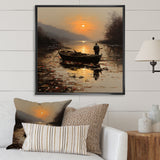 Orange and brown Moonlit Fishing by the lake - Boat Fishing Canvas Wall Art