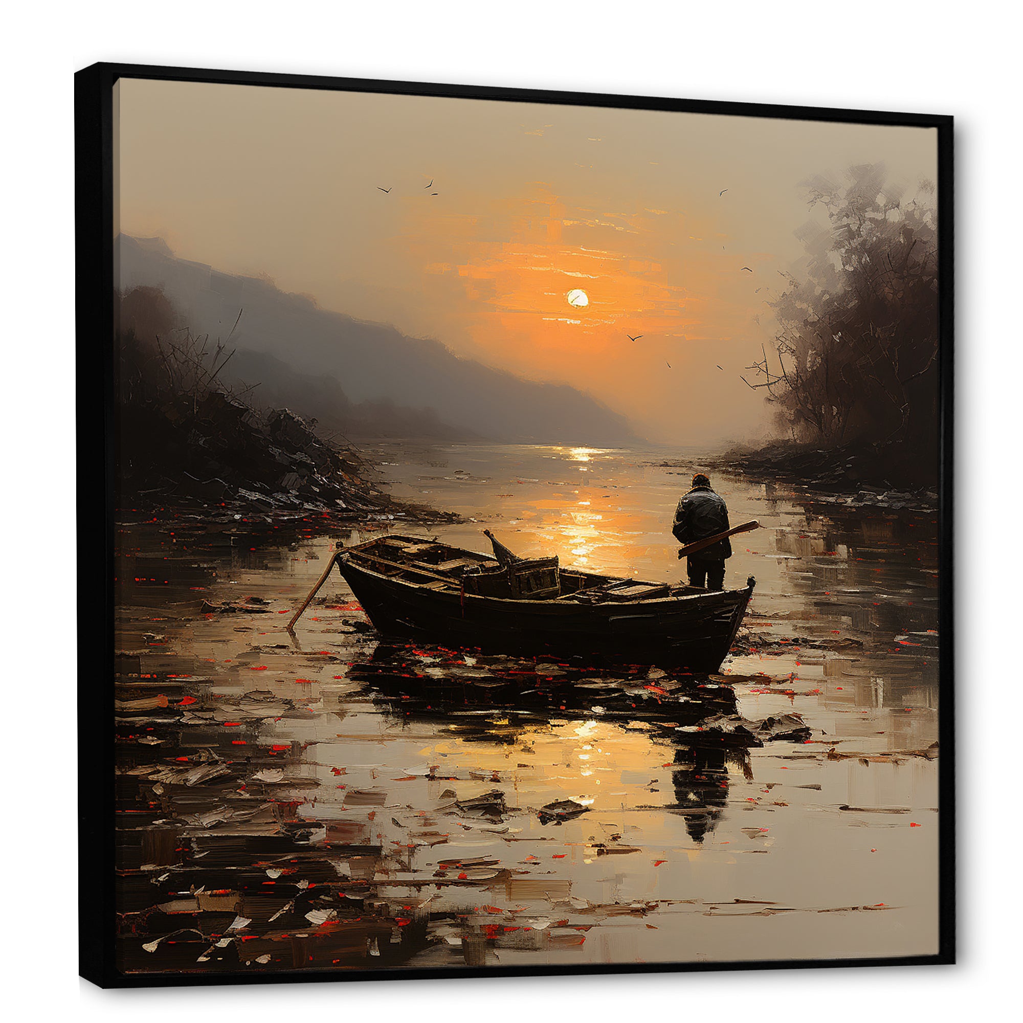 Orange and brown Moonlit Fishing by the lake - Boat Fishing Canvas Wall Art
