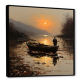 Orange and brown Moonlit Fishing by the lake - Boat Fishing Canvas Wall Art