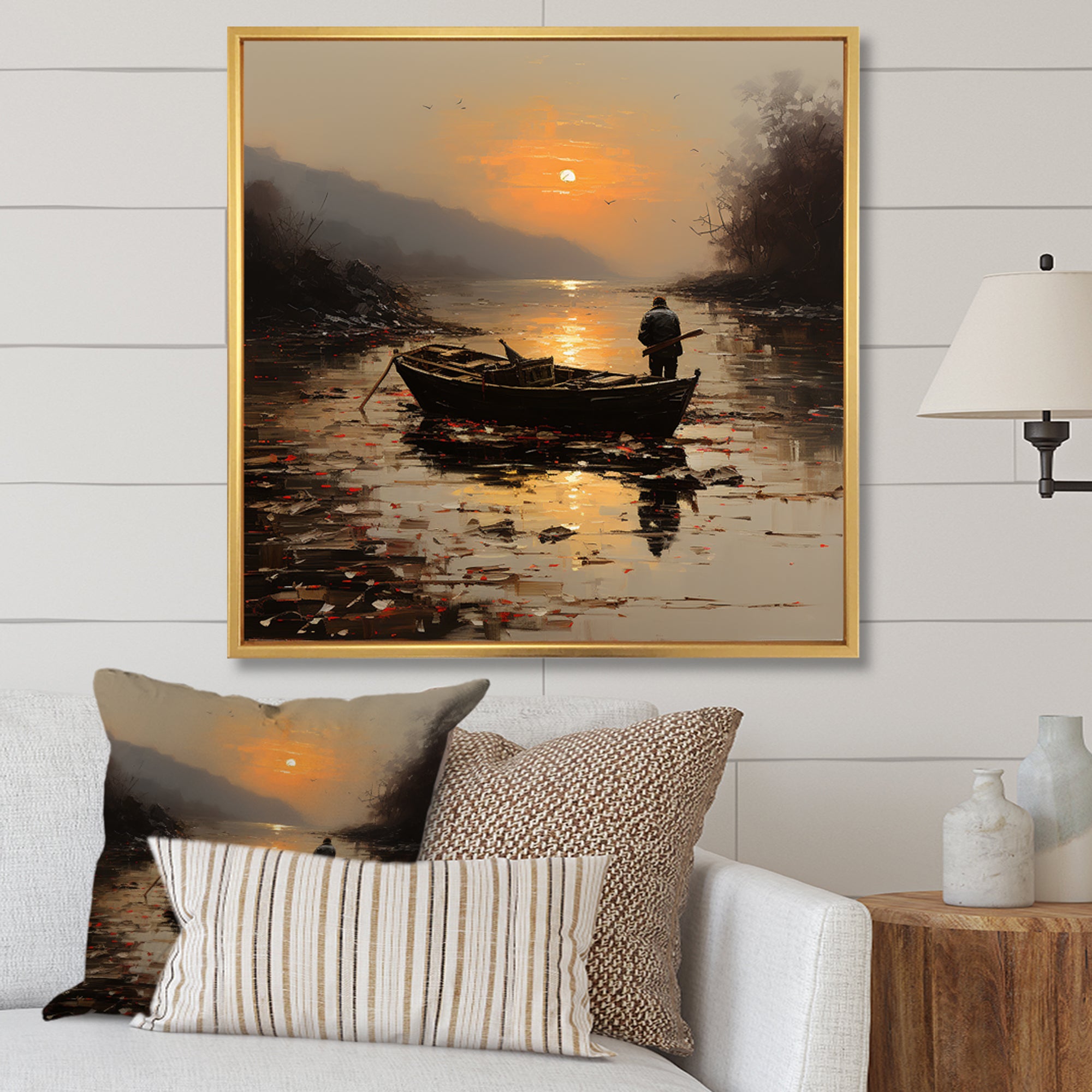 Orange and brown Moonlit Fishing by the lake - Boat Fishing Canvas Wall Art