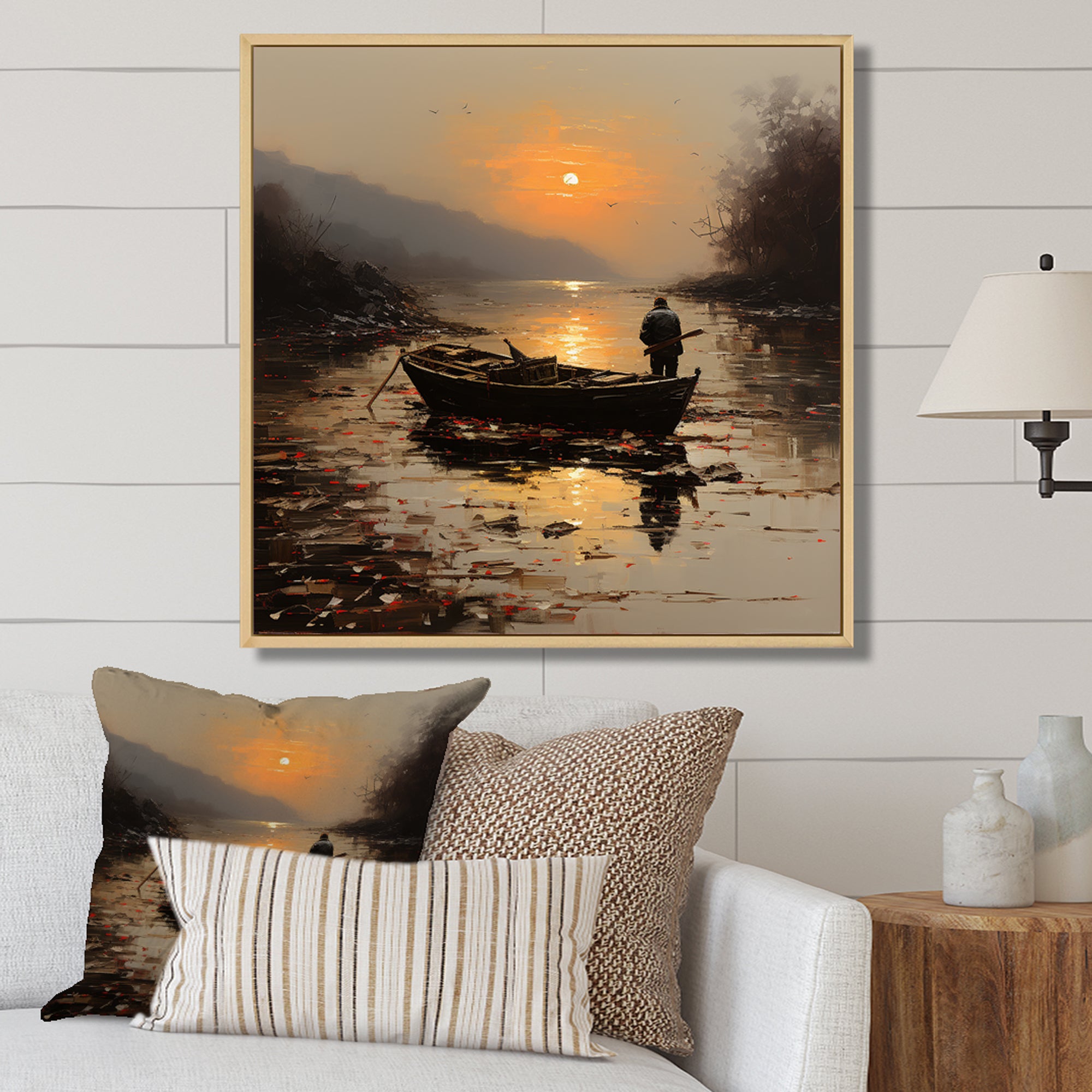 Orange and brown Moonlit Fishing by the lake - Boat Fishing Canvas Wall Art