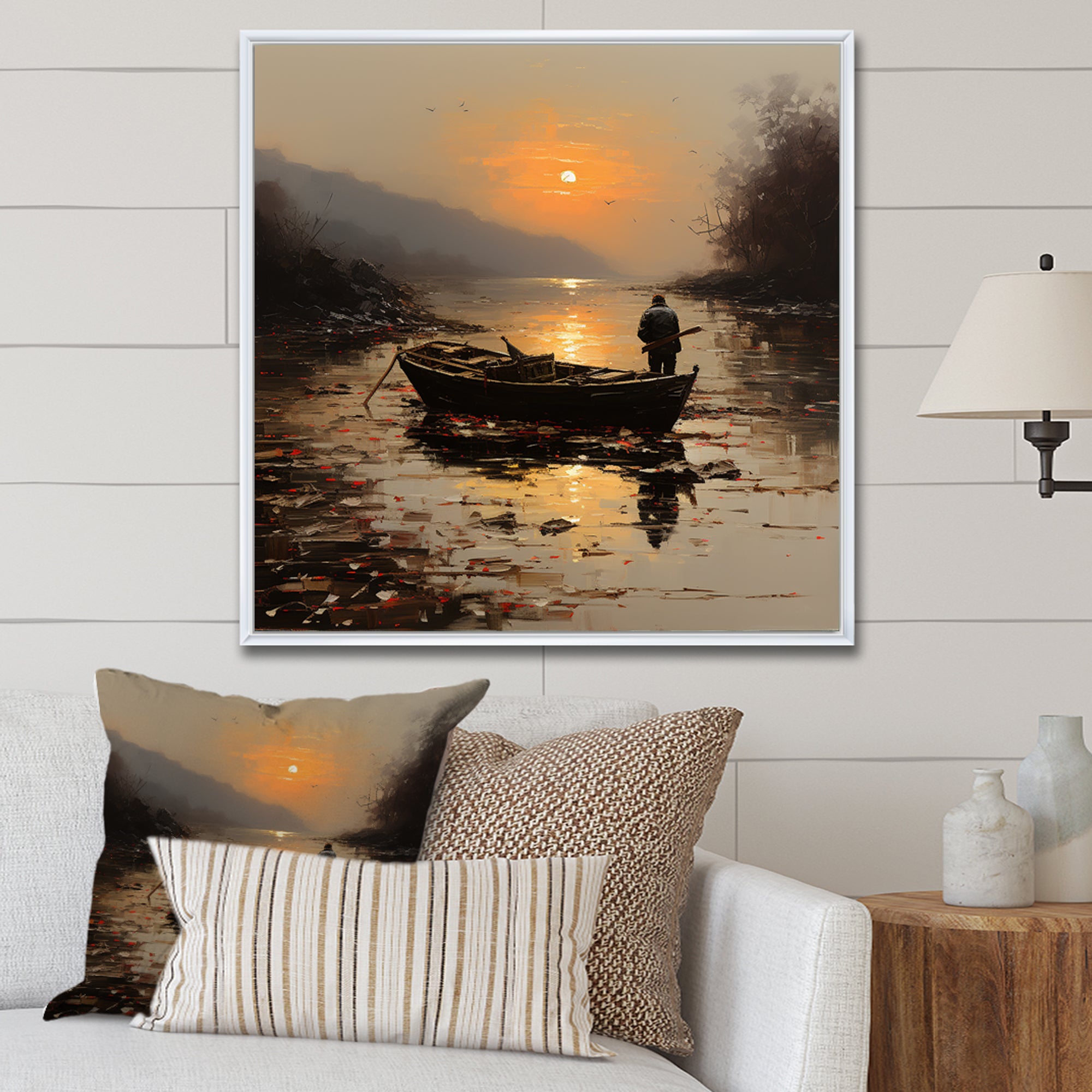 Orange and brown Moonlit Fishing by the lake - Boat Fishing Canvas Wall Art