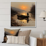 Orange and brown Moonlit Fishing by the lake - Boat Fishing Canvas Wall Art