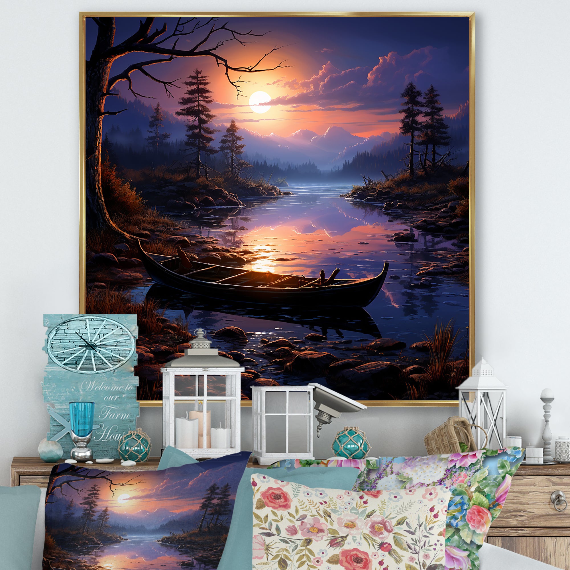 Purple and orange Moonlit Fishing Voyage - Boat Fishing Canvas Wall Art