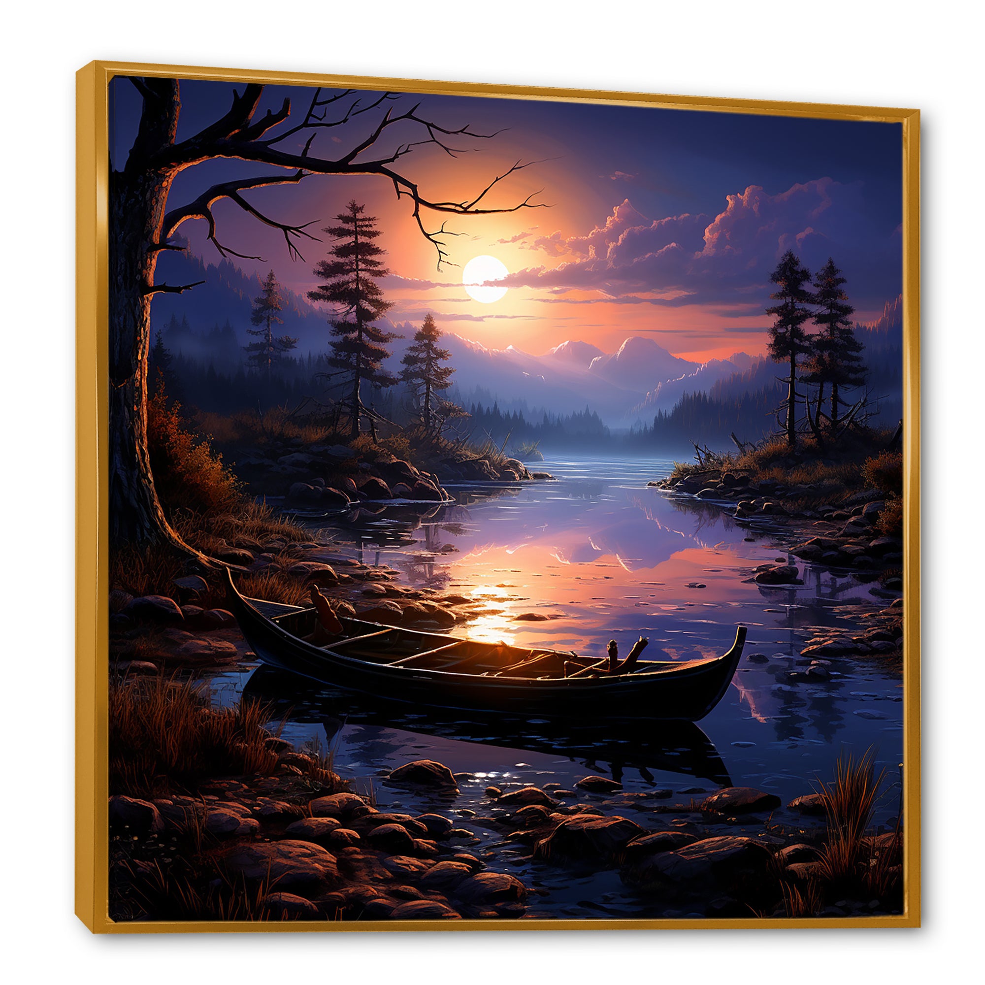 Purple and orange Moonlit Fishing Voyage - Boat Fishing Canvas Wall Art