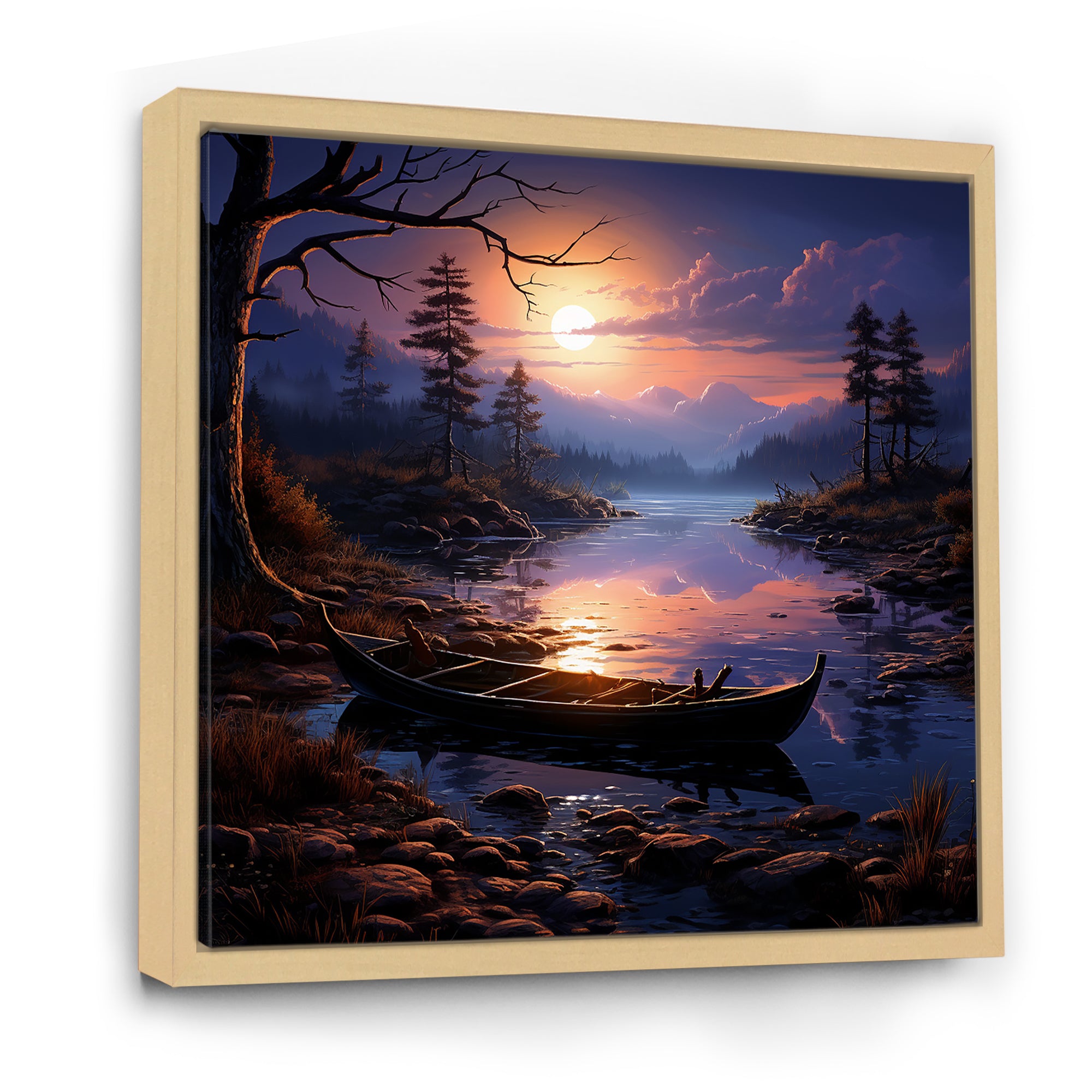 Purple and orange Moonlit Fishing Voyage - Boat Fishing Canvas Wall Art
